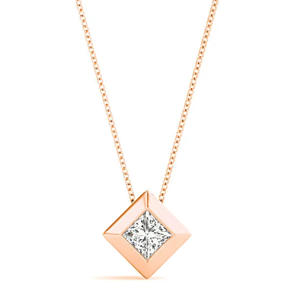 Bezel Set Princess Cut Diamond Solitaire Necklace Pendant