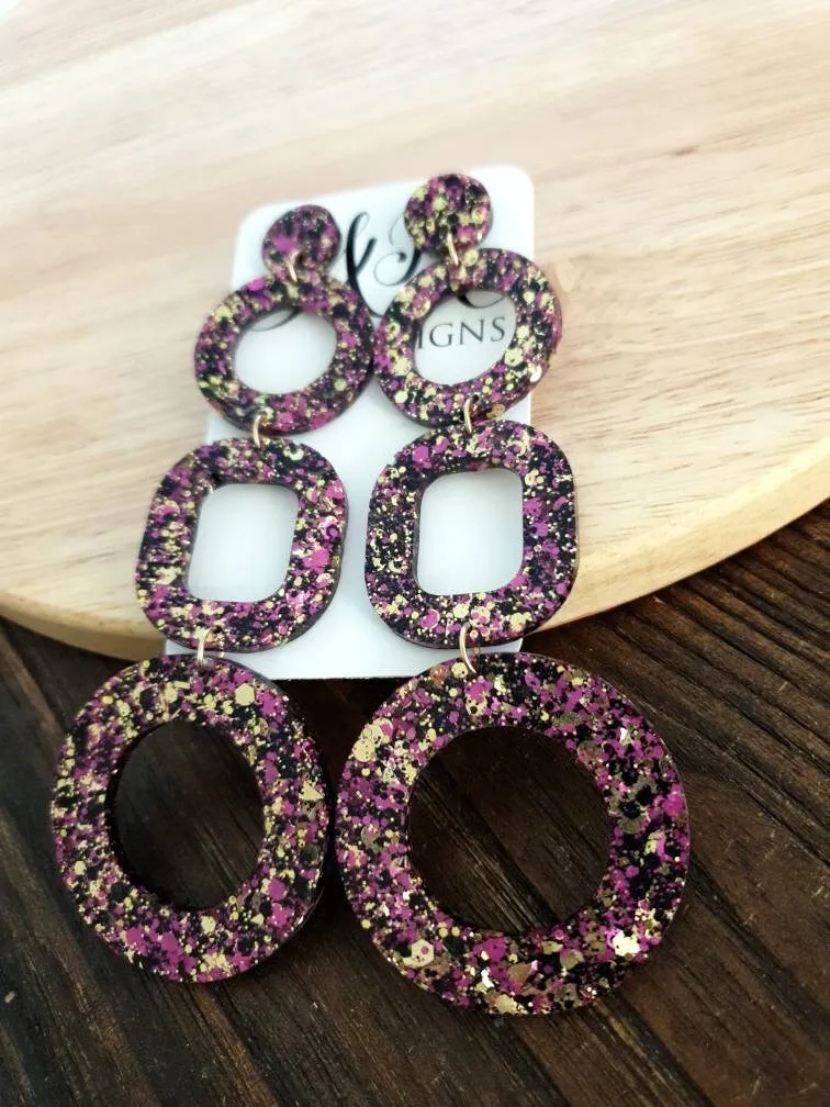 Black Gold Hot Pink Mix Oversized Shoulder Duster Earrings, Glitter Extra Super Long Circle Hoop Dangles, Statement Earrings, 13cm long