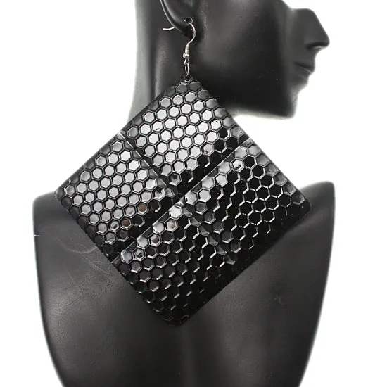 Black Oversized Hammered Honeycomb Pyramid Earrings