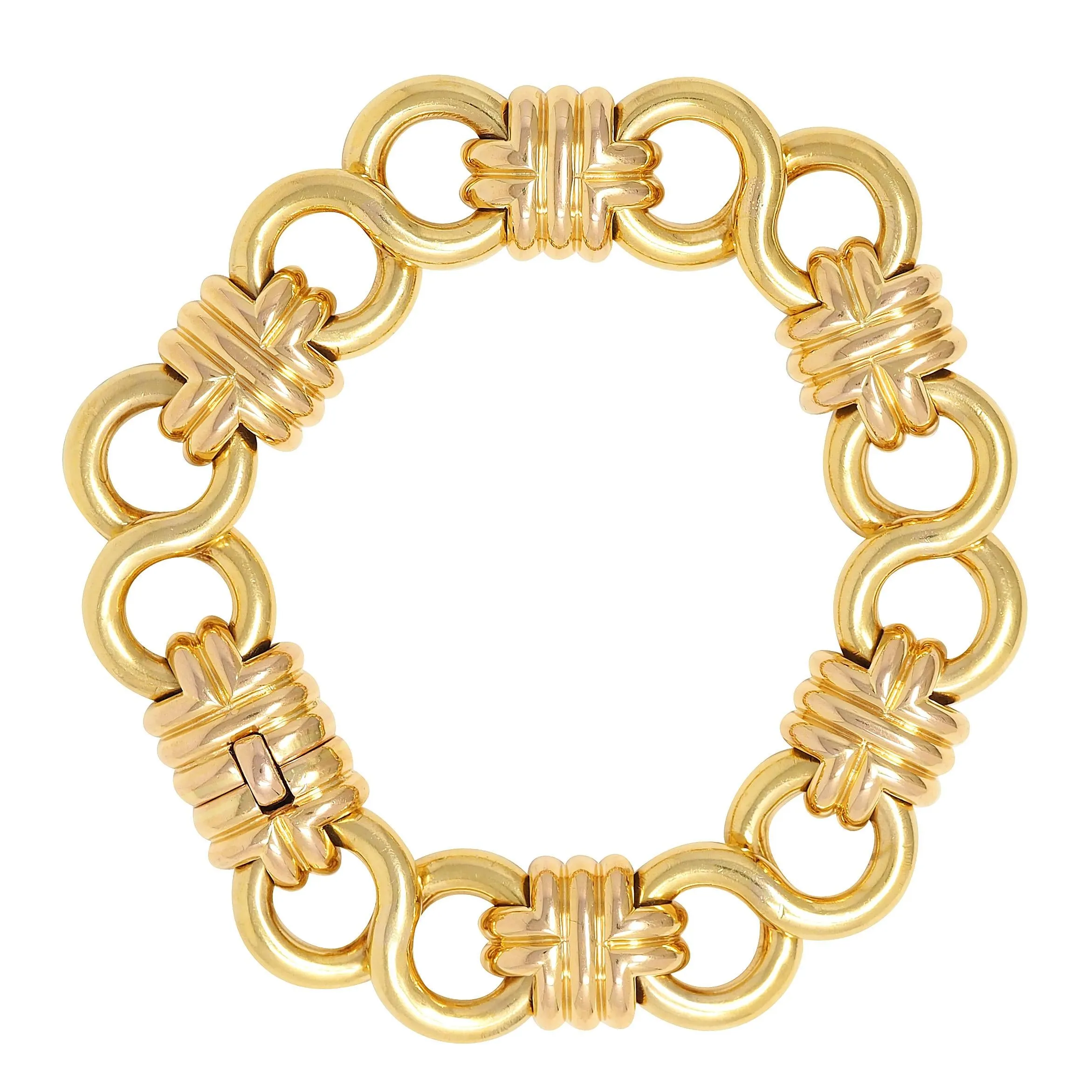 Black Starr & Frost 1980's 18 Karat Two-Tone Gold Vintage Woven Infinity Link Chain Bracelet