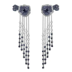 Bloom Medium Flower Blue Sapphire Long Earrings in White Gold