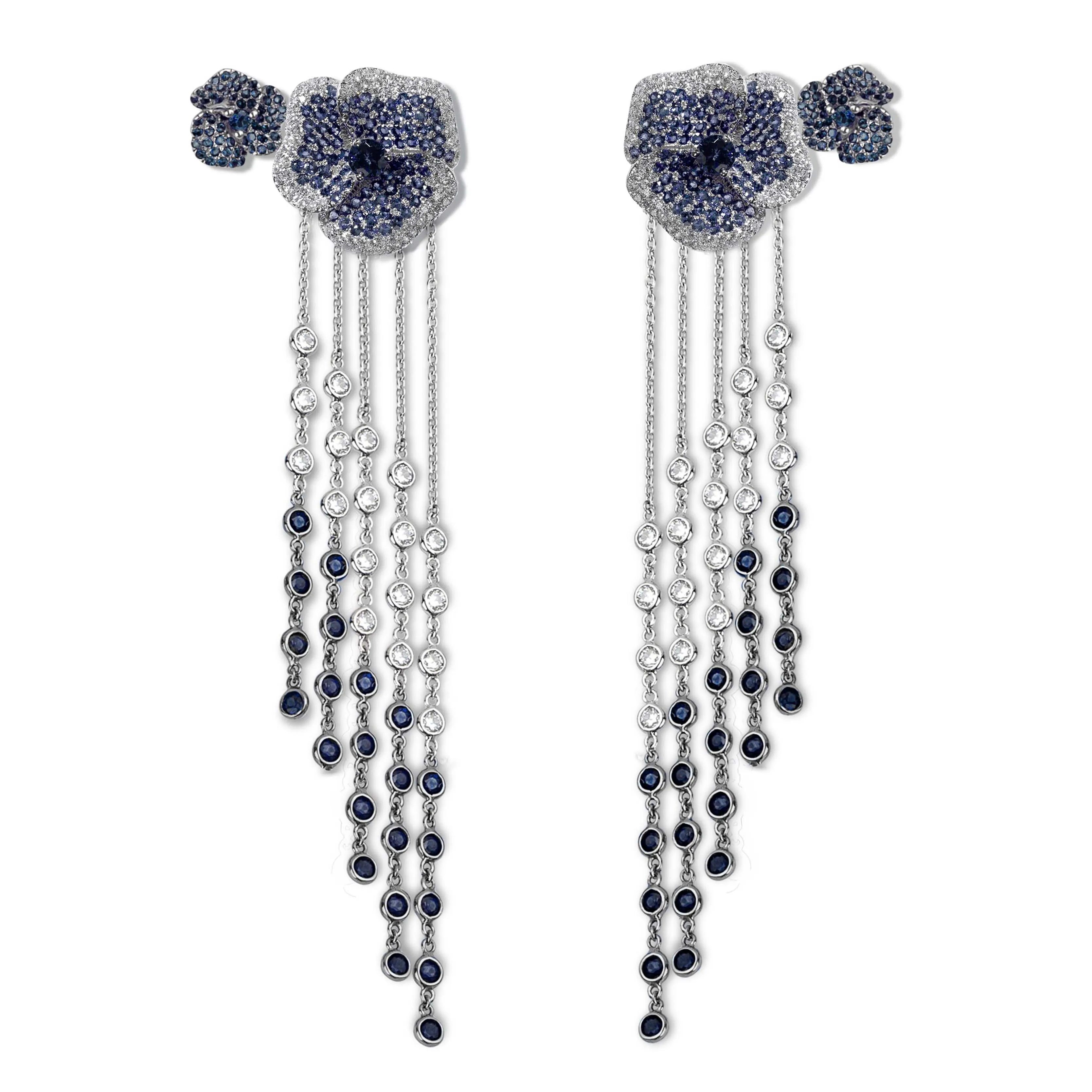 Bloom Medium Flower Blue Sapphire Long Earrings in White Gold