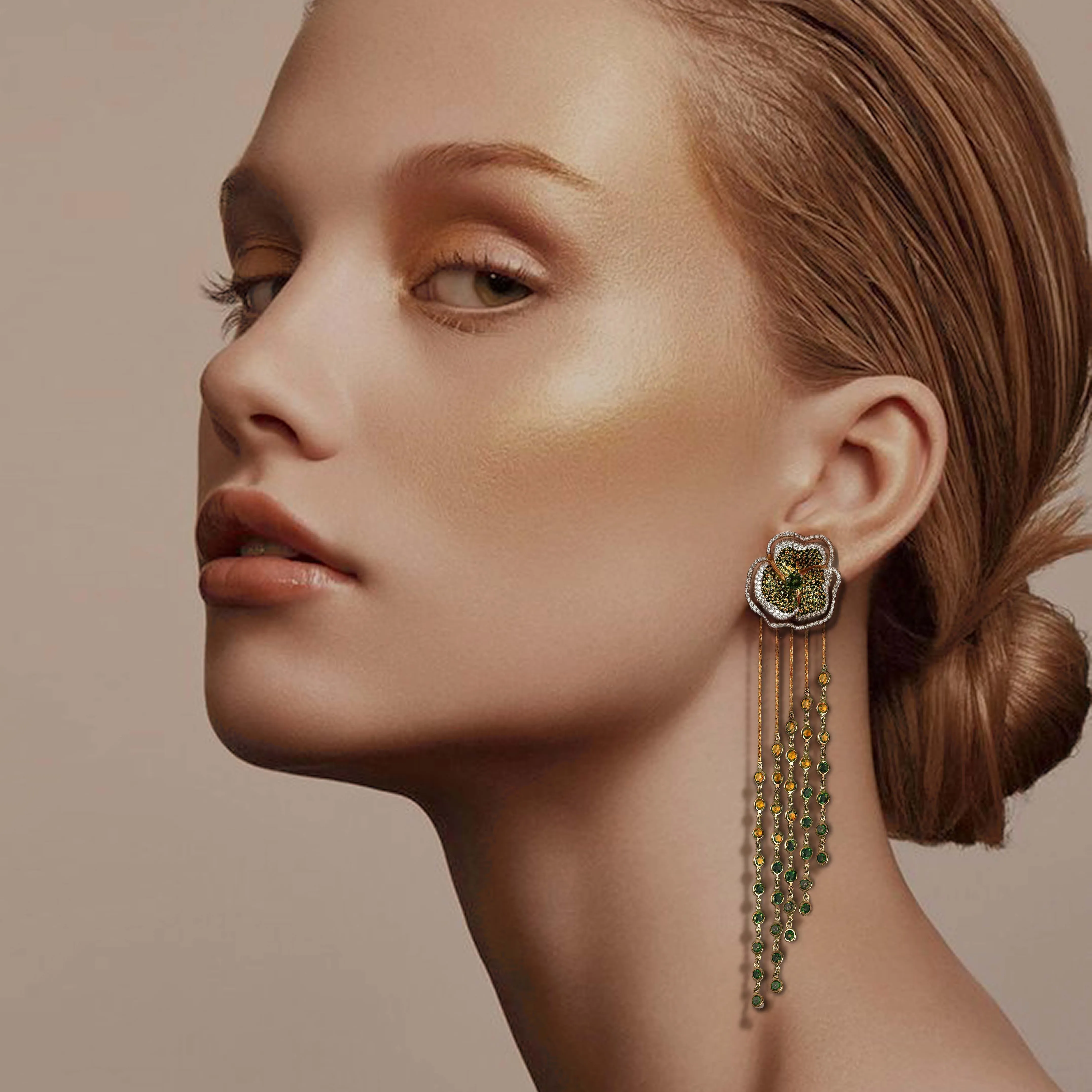 Bloom Medium Flower Halo Green Diamonds Long Earrings in Yellow Gold