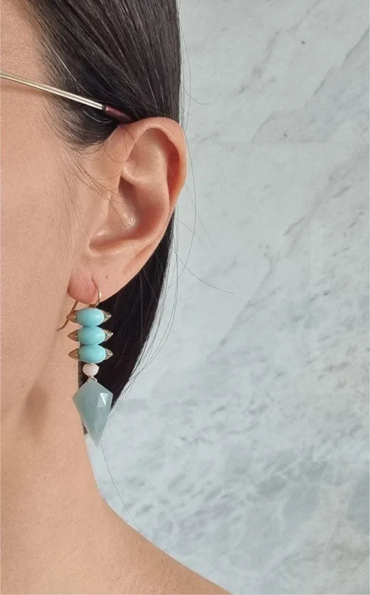 blue cotton candy | turquoise blue link pink opal aquamarine spike asymmetric earrings