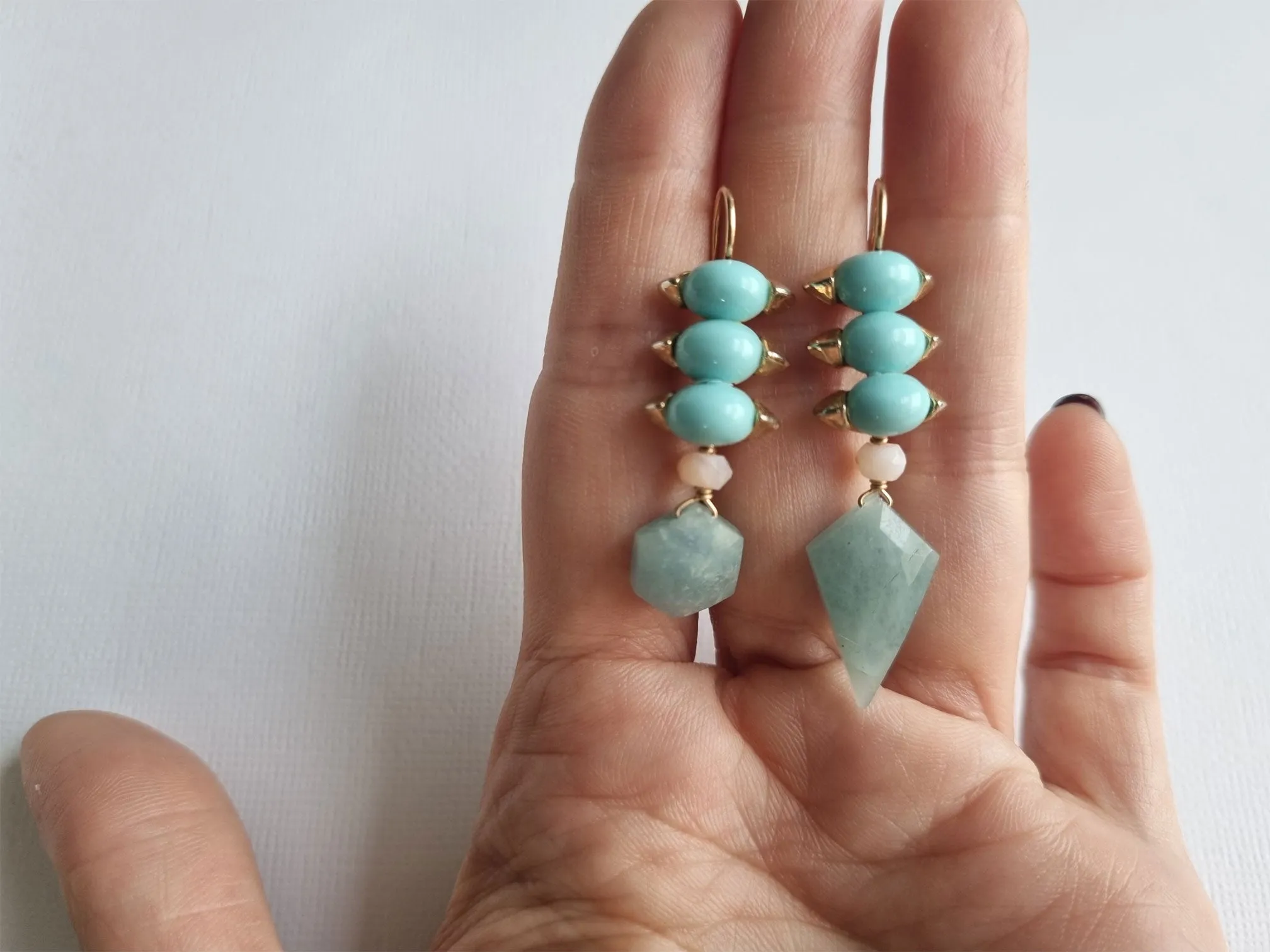 blue cotton candy | turquoise blue link pink opal aquamarine spike asymmetric earrings