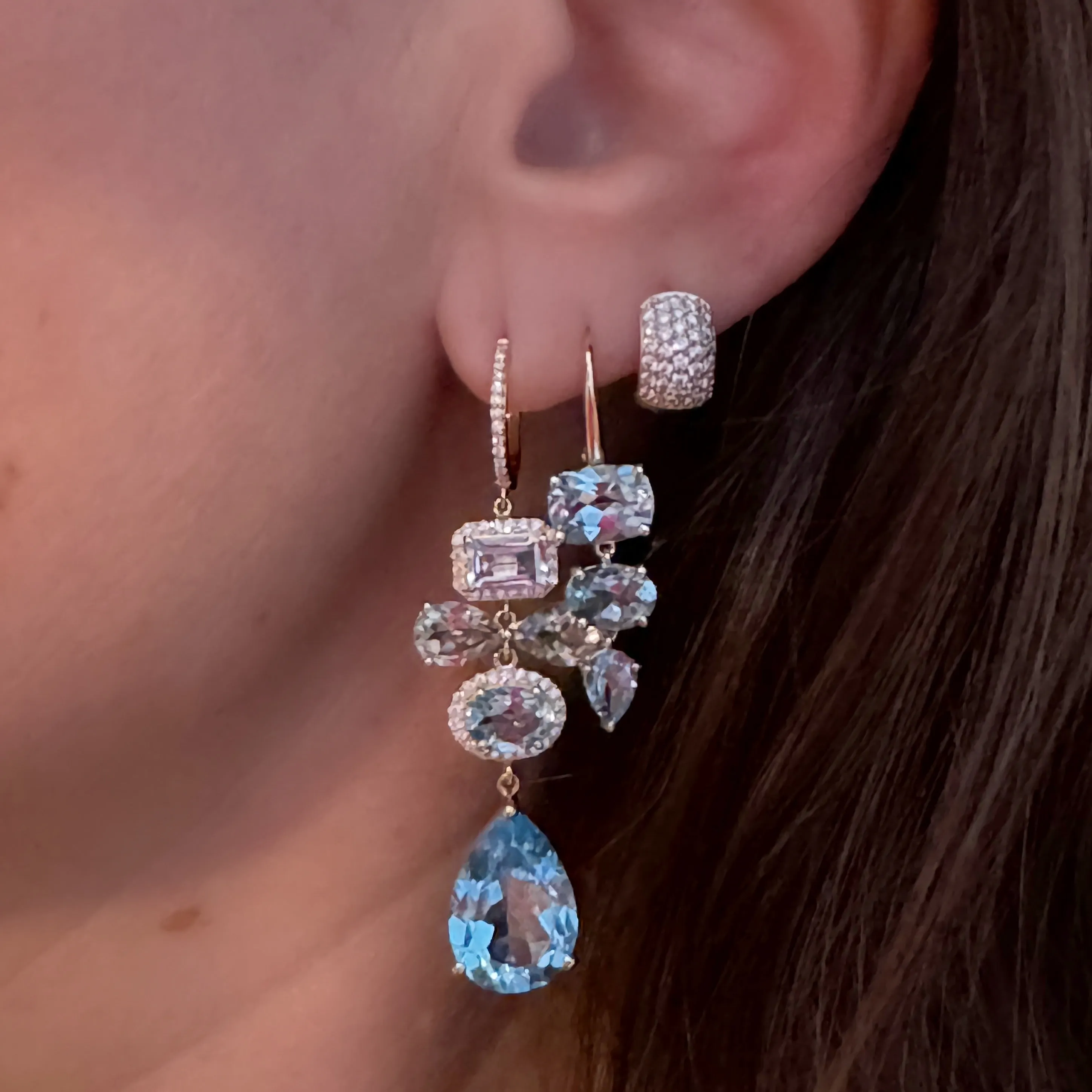 Blue Topaz, Green Amethyst & Diamond Fancy Drop Ear