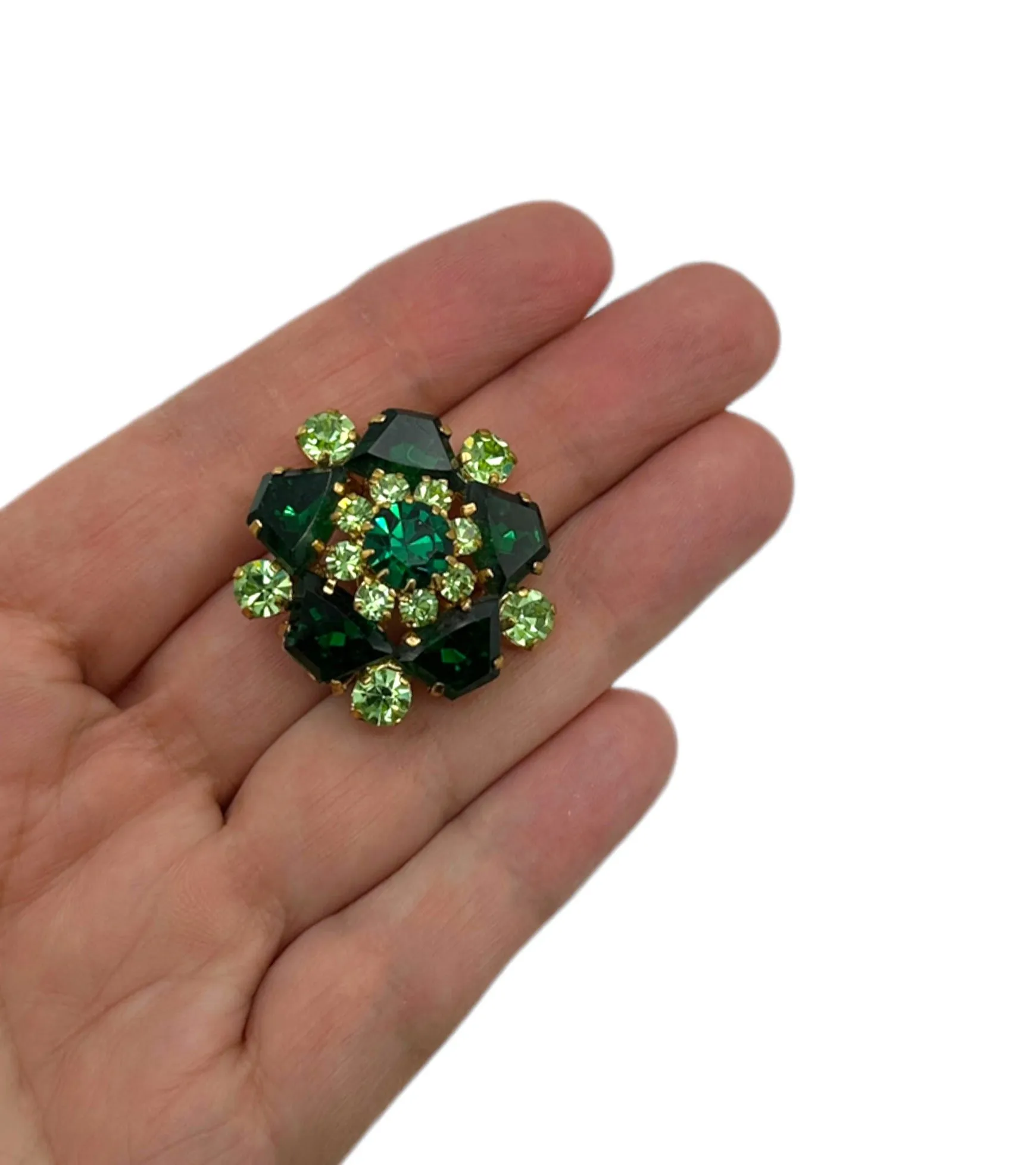 Bright Green Uranium Rhinestone Layered Flower Vintage Brooch