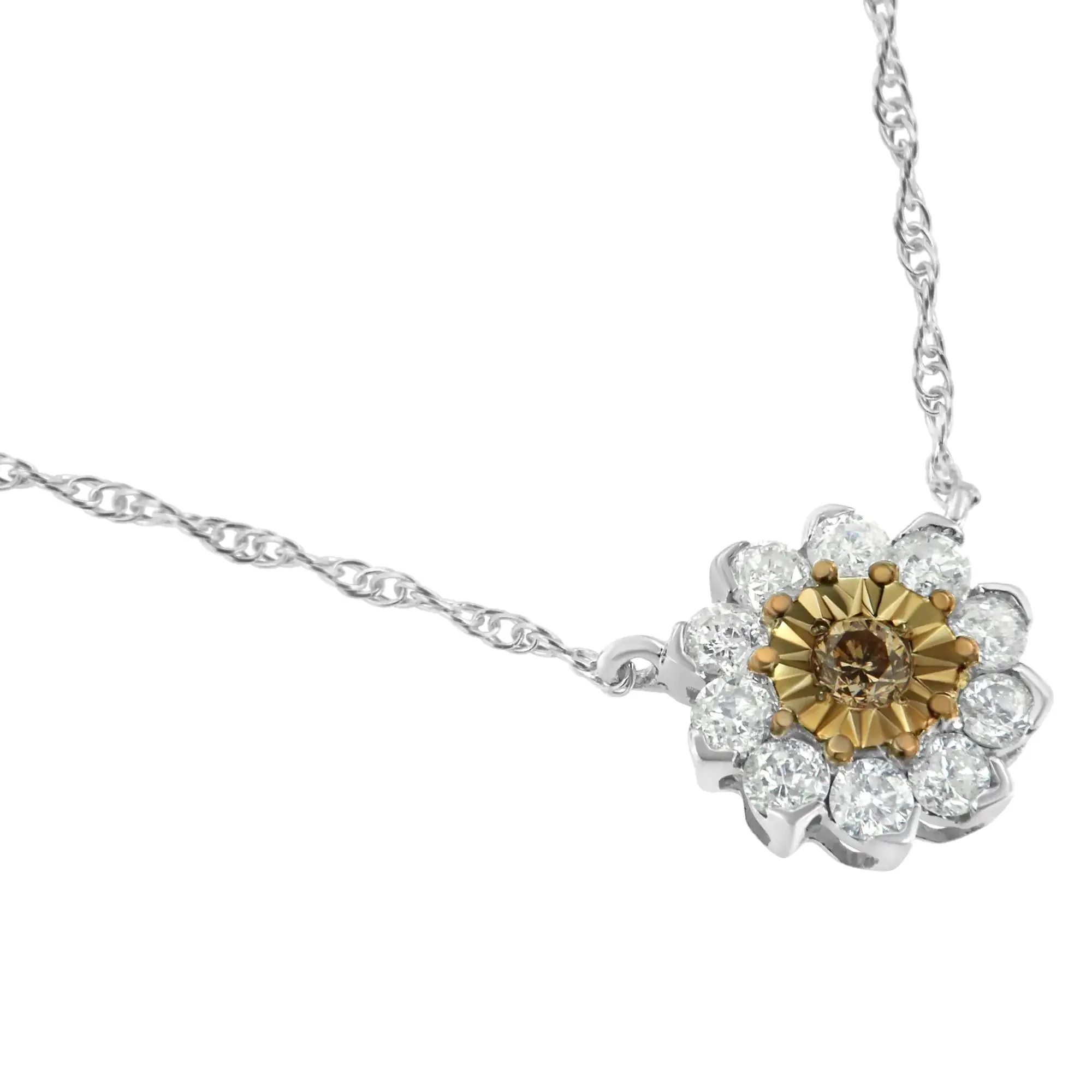 Brown Rhodium over .925 Sterling Silver 1/2 Cttw Diamond Miracle Plate Flower Cluster 18" Pendant Necklace (Champagne and I-J Color, I1-I2 Clarity)