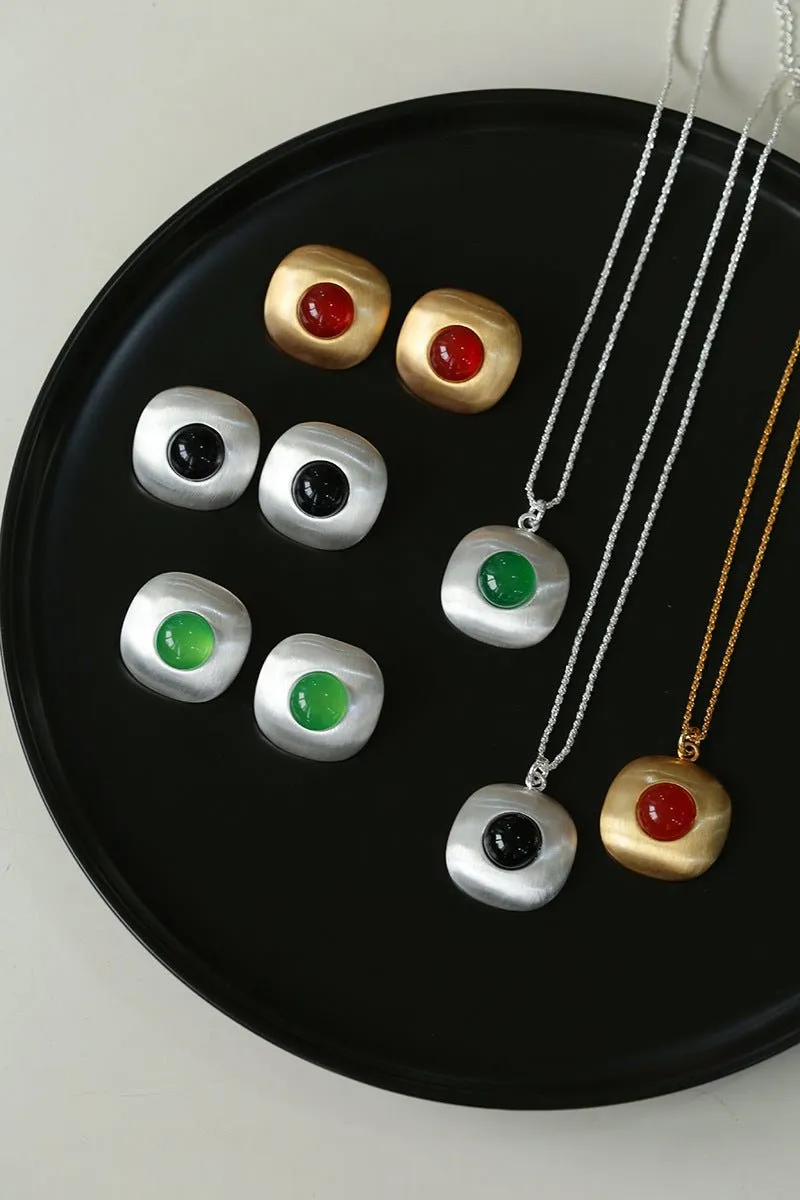 Brushed Geometric Pendant Agate Earrings