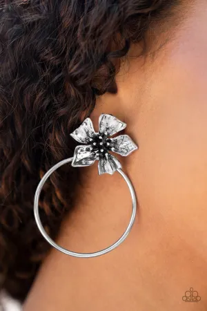 Buttercup Bliss - Silver - Flower Hoop Paparazzi Post Earrings - August 2022 Life of the Party Exclusive