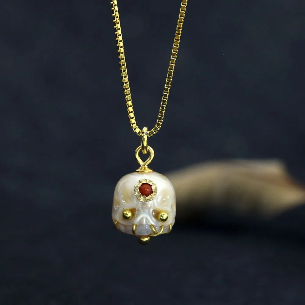 Carved Pearl Skull Śmaśana Gemstone Bead Necklace