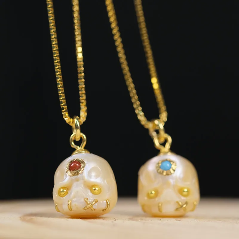 Carved Pearl Skull Śmaśana Gemstone Bead Necklace