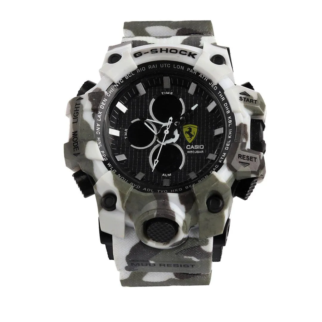 Casio G-shock white and green camo analog digital chronograph dial
