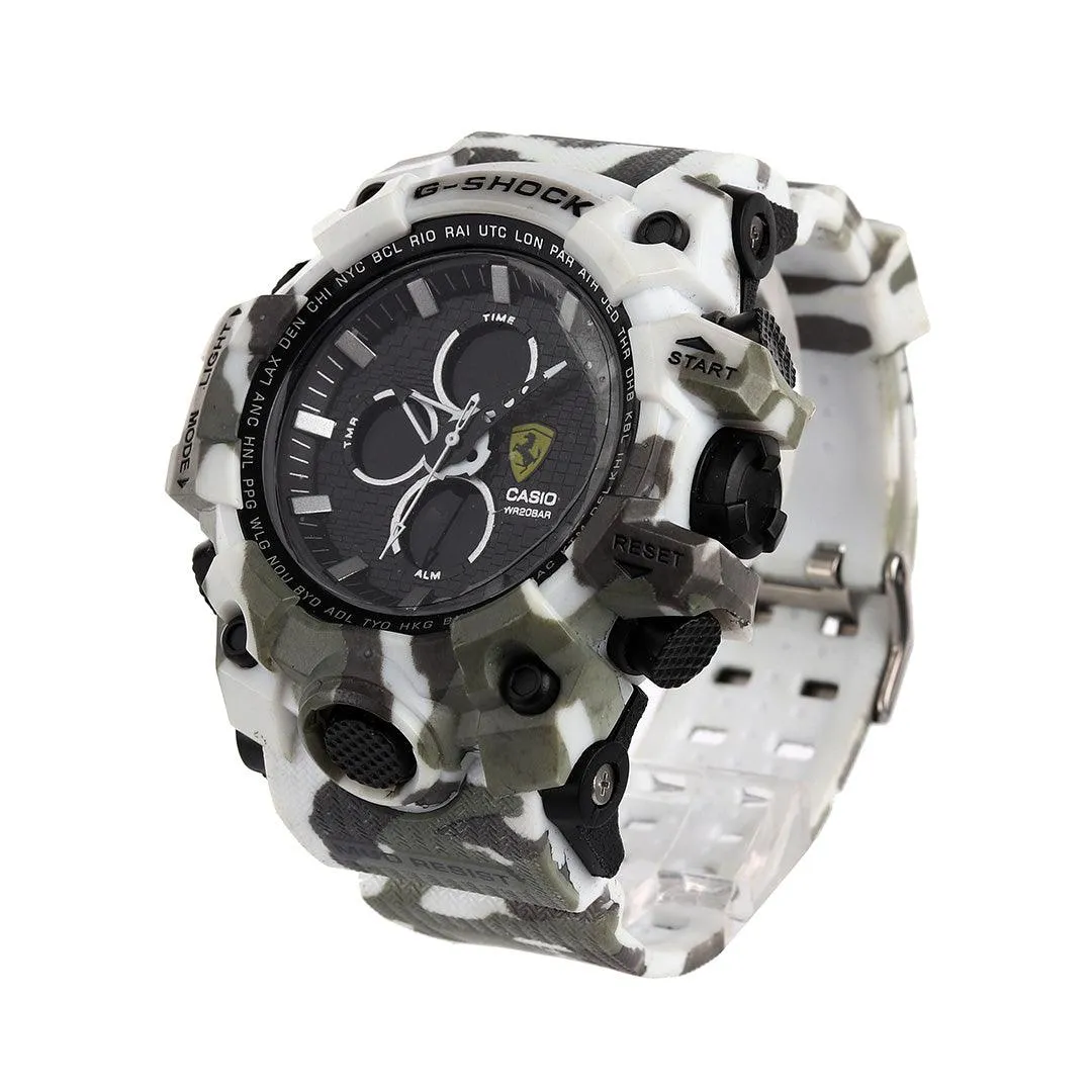Casio G-shock white and green camo analog digital chronograph dial