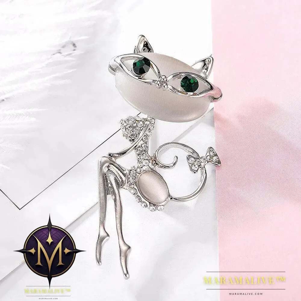 Cat Silver Brooches Rrhinestone Jewelry