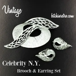 Celebrity NY Brooch and Earrings Set Vintage Abstract Mid Century Modern Pin