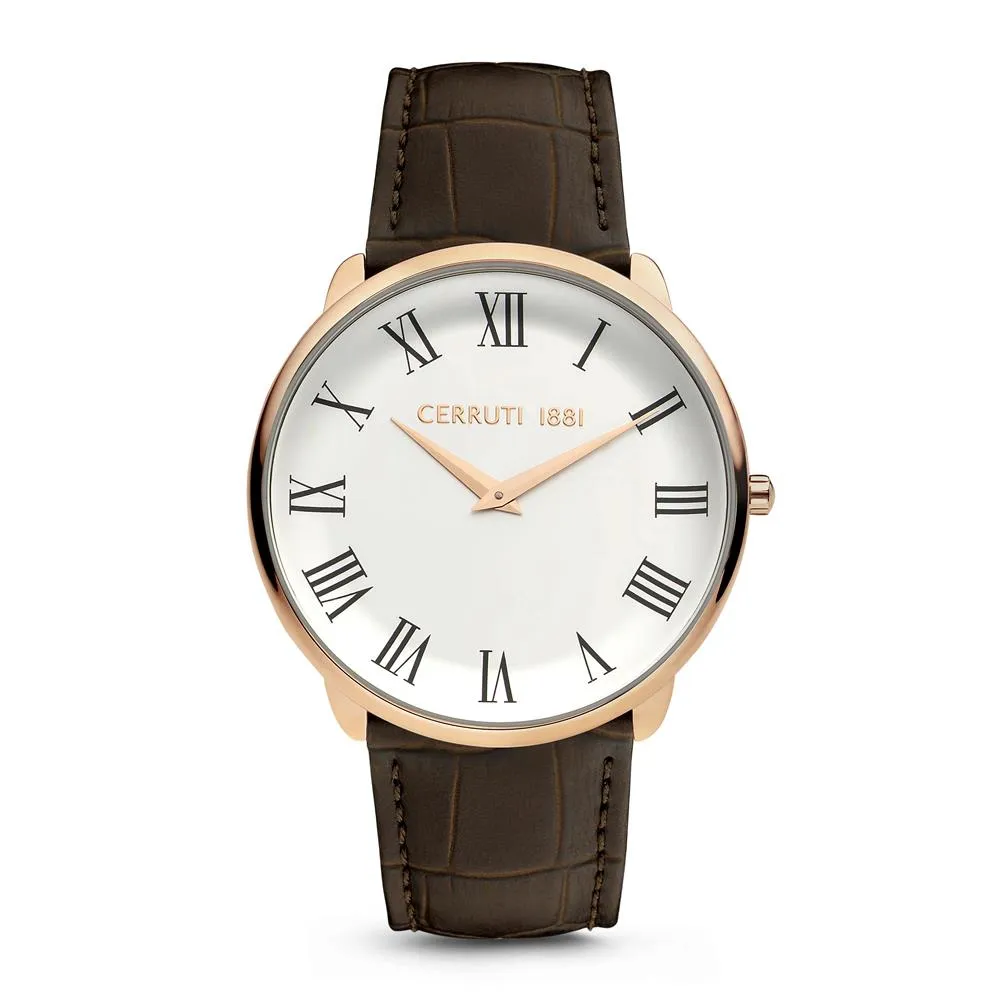 Cerruti Men's Watch Rose Gold Plated Case With White Dial & Brown Leather Strap