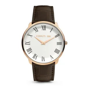 Cerruti Men's Watch Rose Gold Plated Case With White Dial & Brown Leather Strap