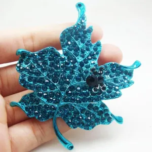 Charming Blue Maple Leaf Rhinestone Crystal Woman Brooch Pin Silver Tone