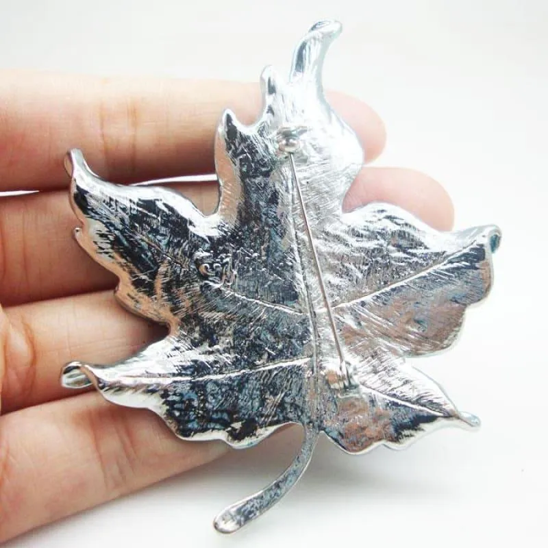 Charming Blue Maple Leaf Rhinestone Crystal Woman Brooch Pin Silver Tone