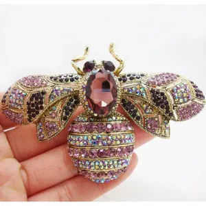 Charming Retro Bee Insectl  Woman Brooch Pin Purple Crystal Rhinestone Gold Tone