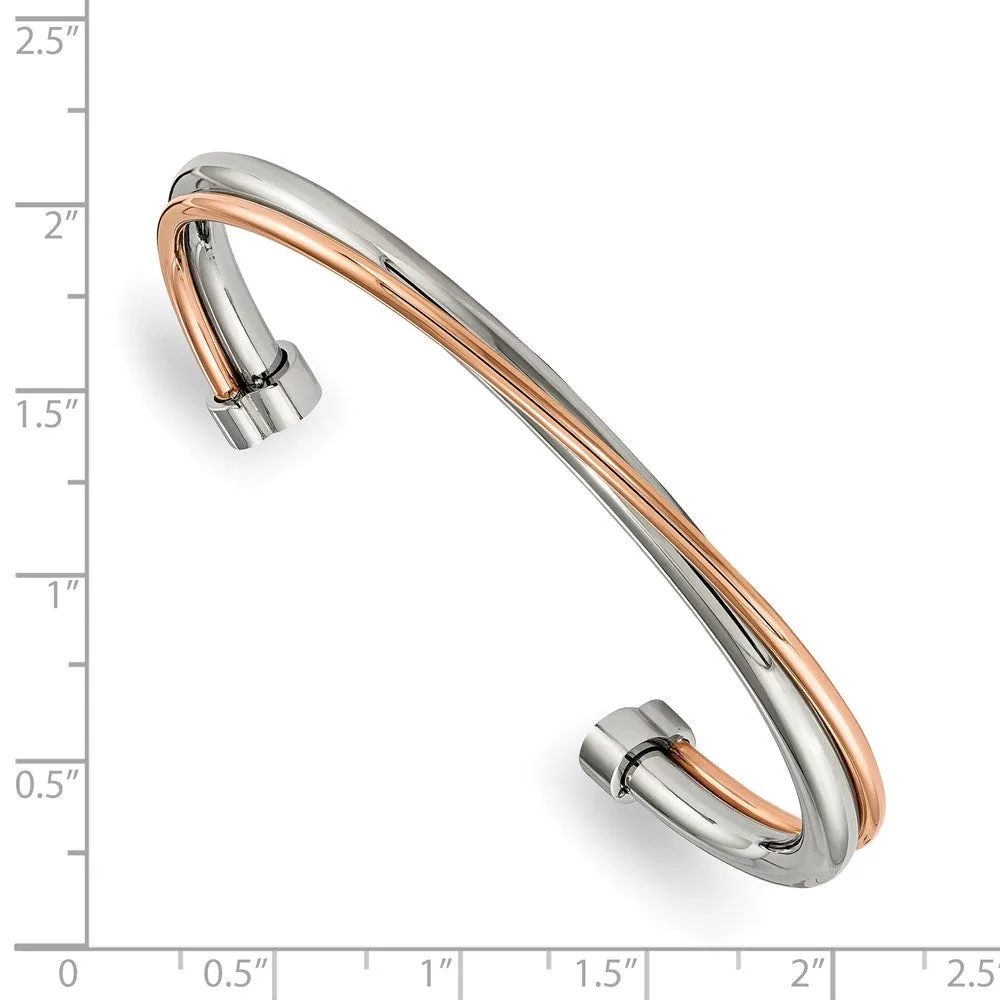 Chisel Stainless Steel Polished Rose IP-plated Twisted Cuff Bangle