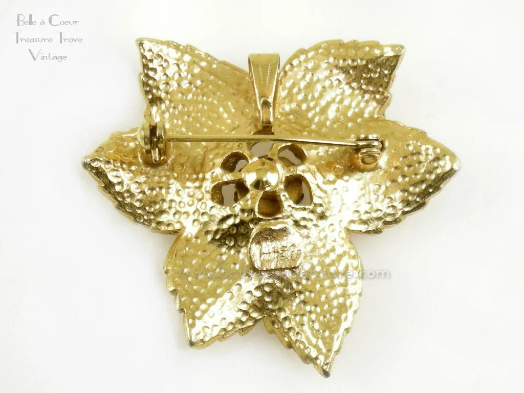 Christmas Poinsettia Brooch with Rhinestones Signed Judy Lee