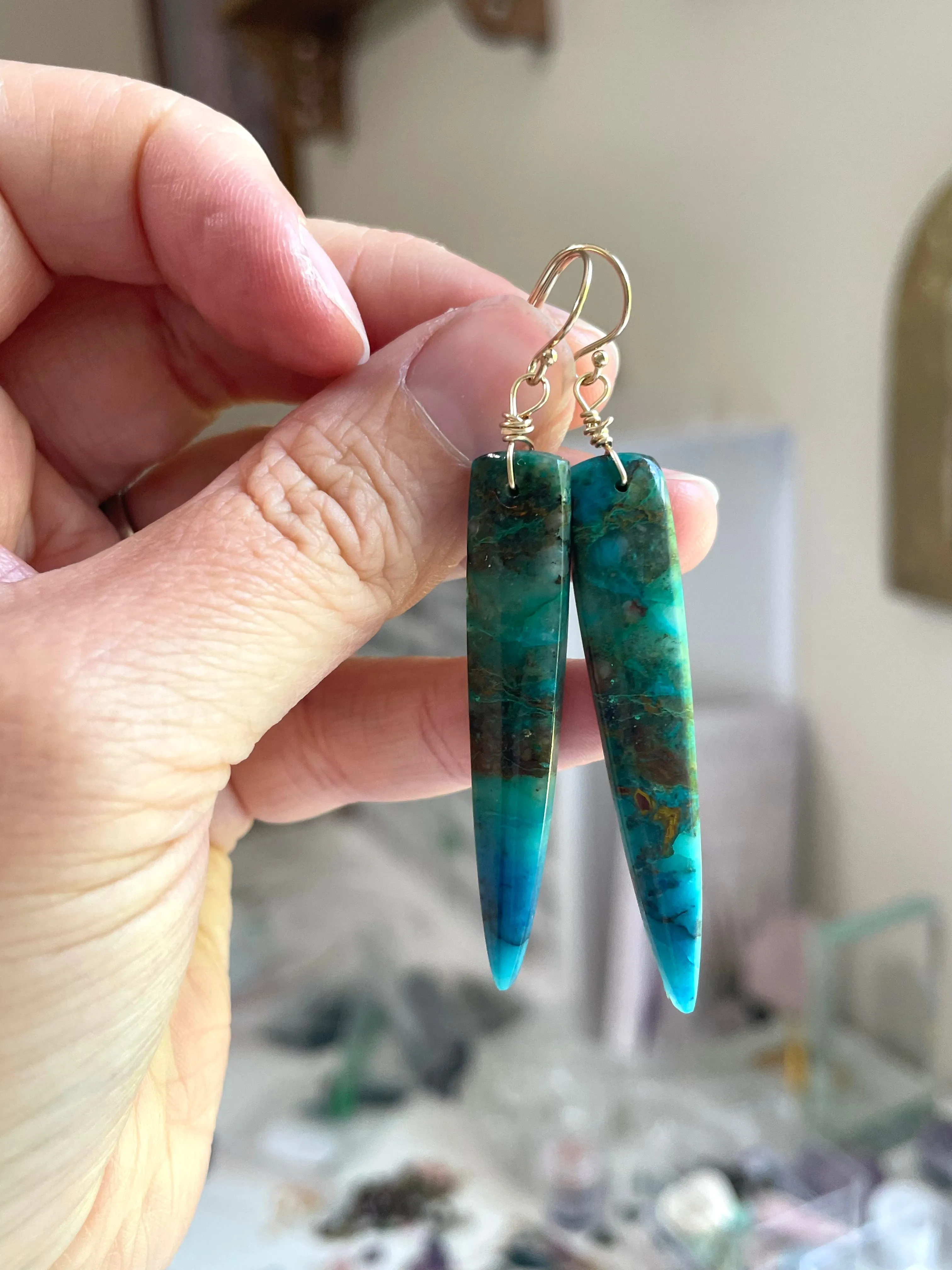 Chrysocolla Gold Filled Statement Crystal Gemstone Earrings