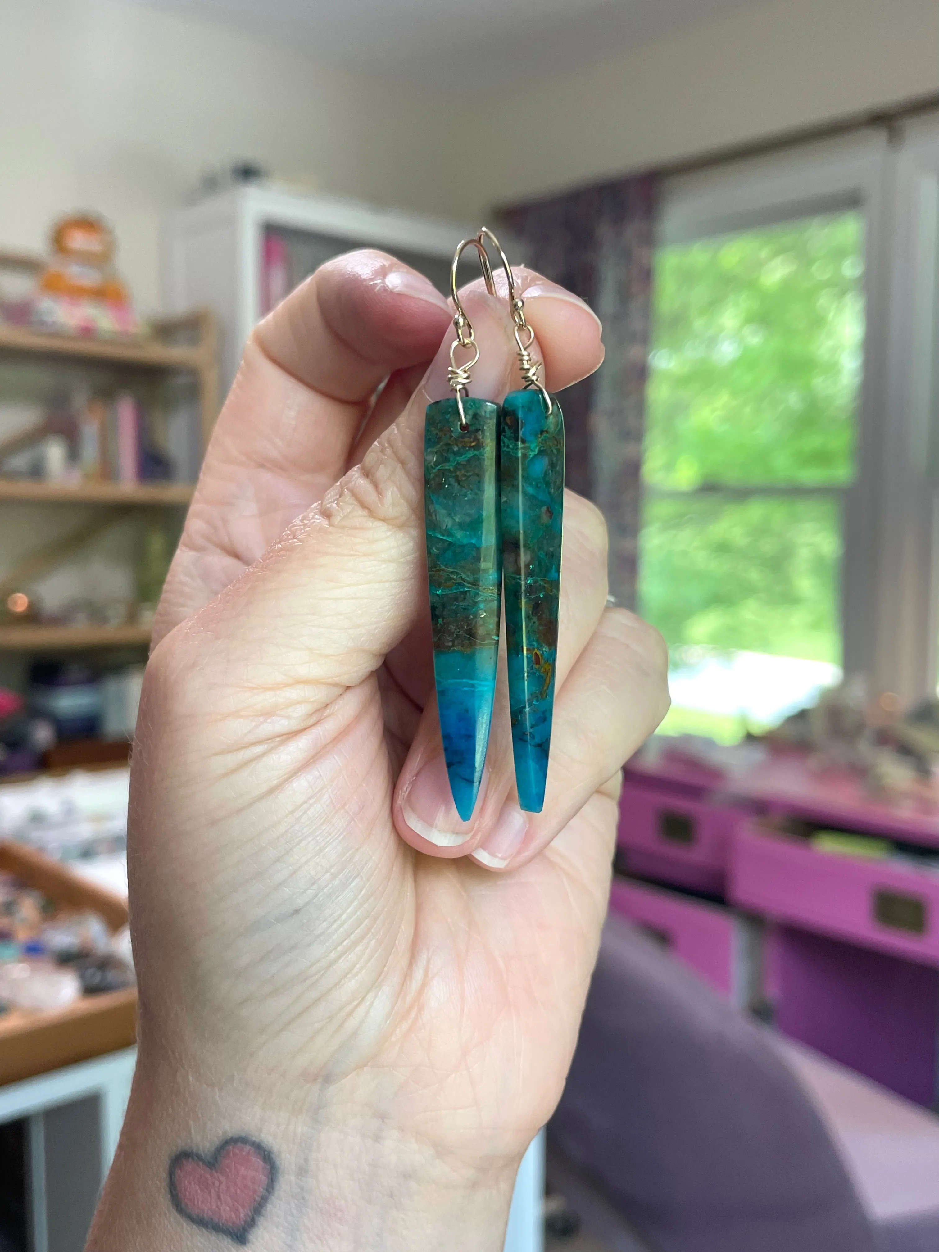 Chrysocolla Gold Filled Statement Crystal Gemstone Earrings
