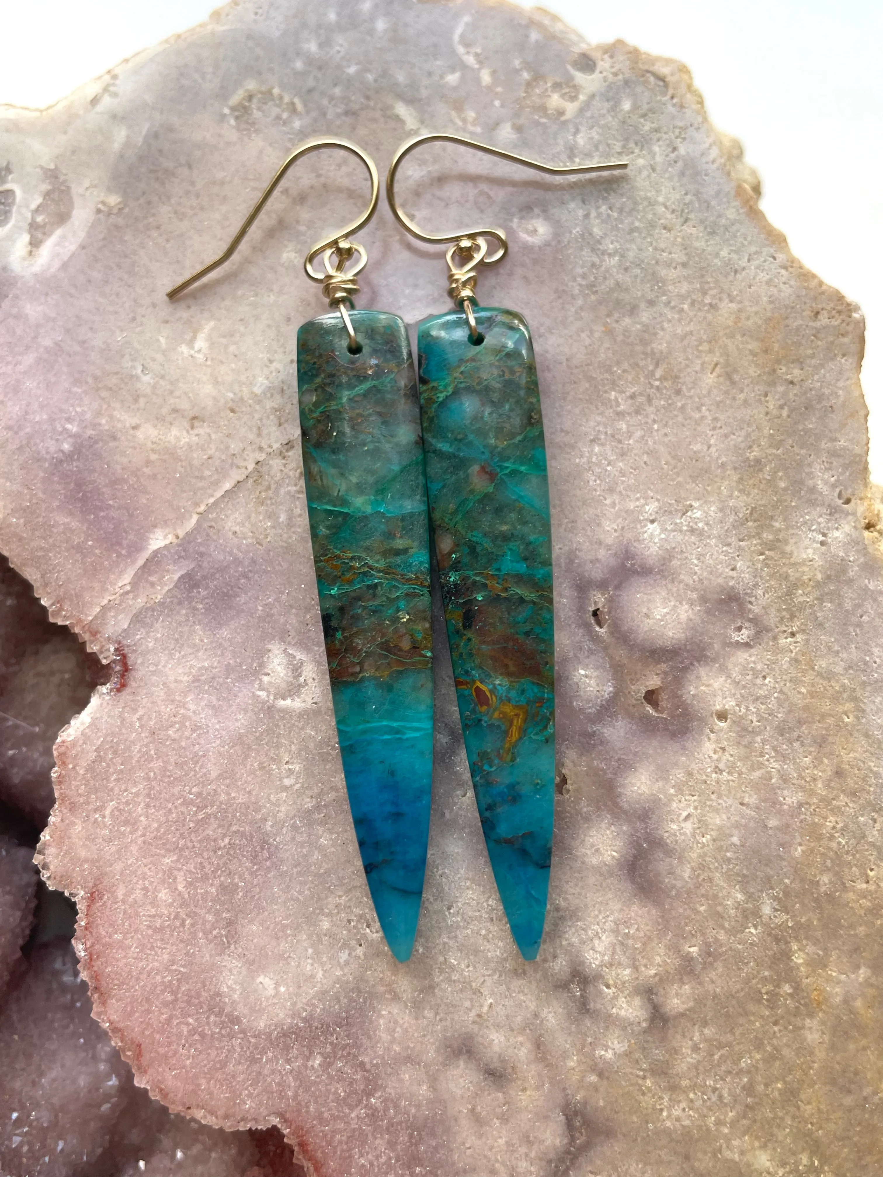 Chrysocolla Gold Filled Statement Crystal Gemstone Earrings