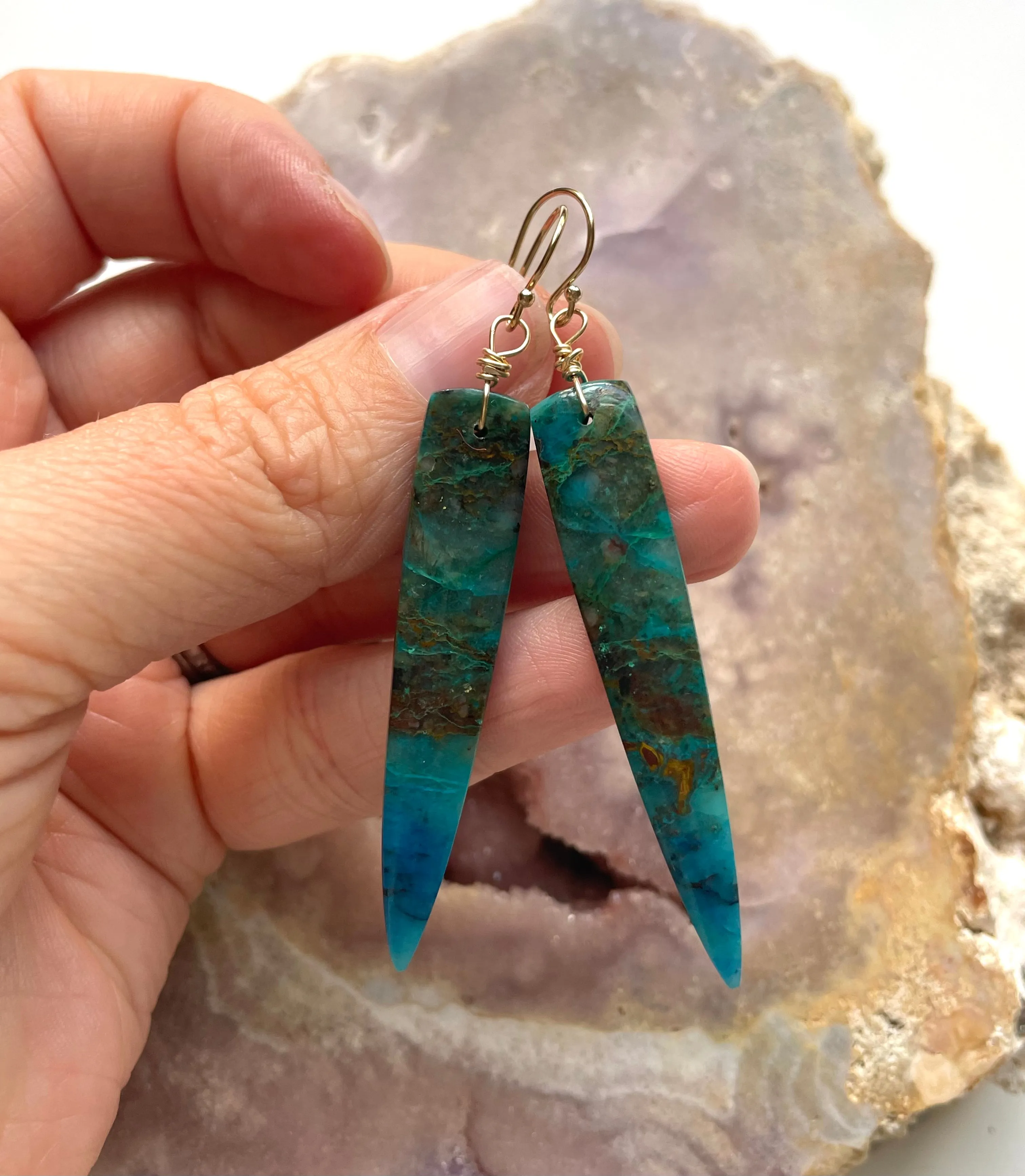 Chrysocolla Gold Filled Statement Crystal Gemstone Earrings