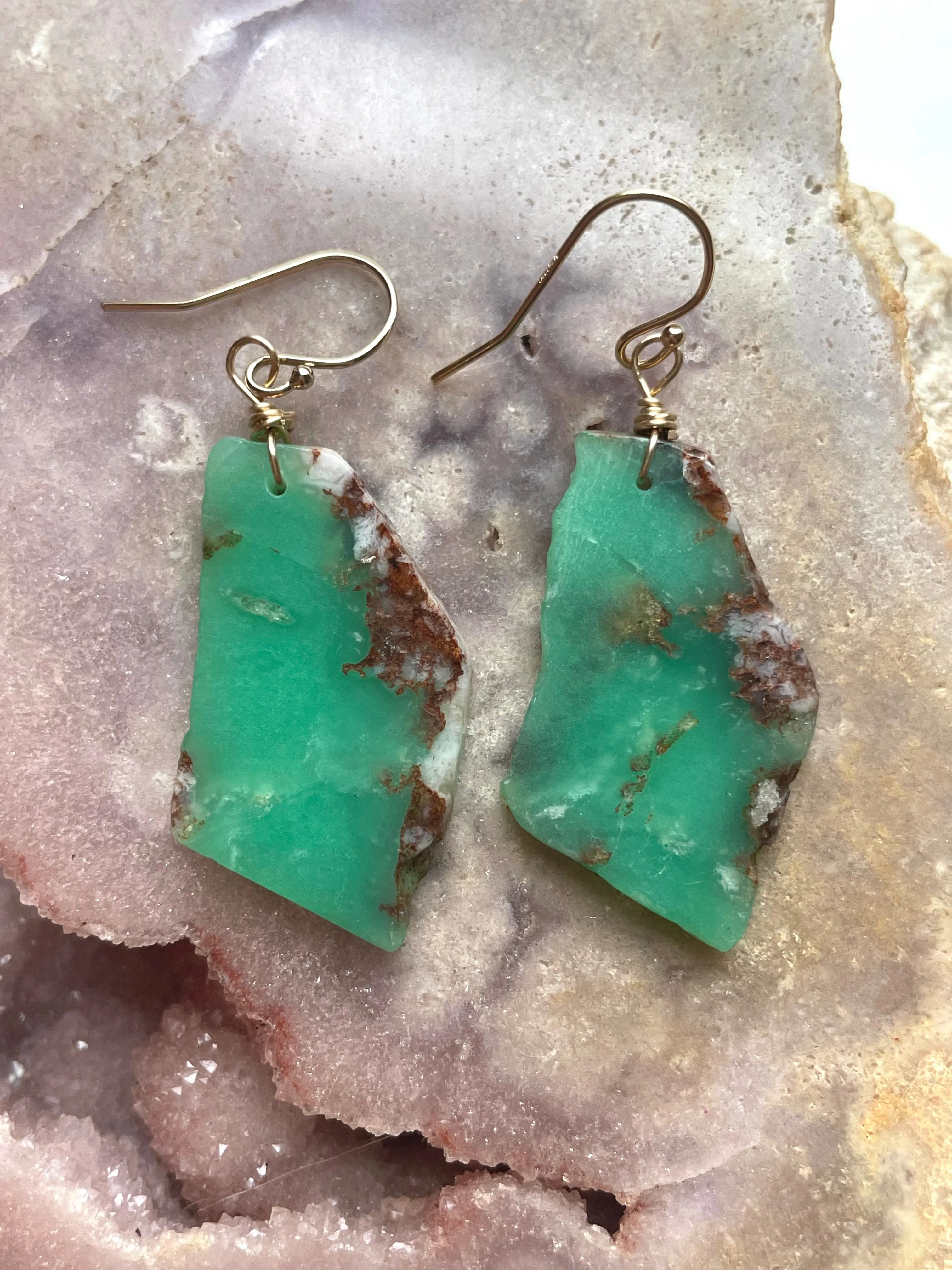 Chrysoprase Statement Earrings Gold Fill