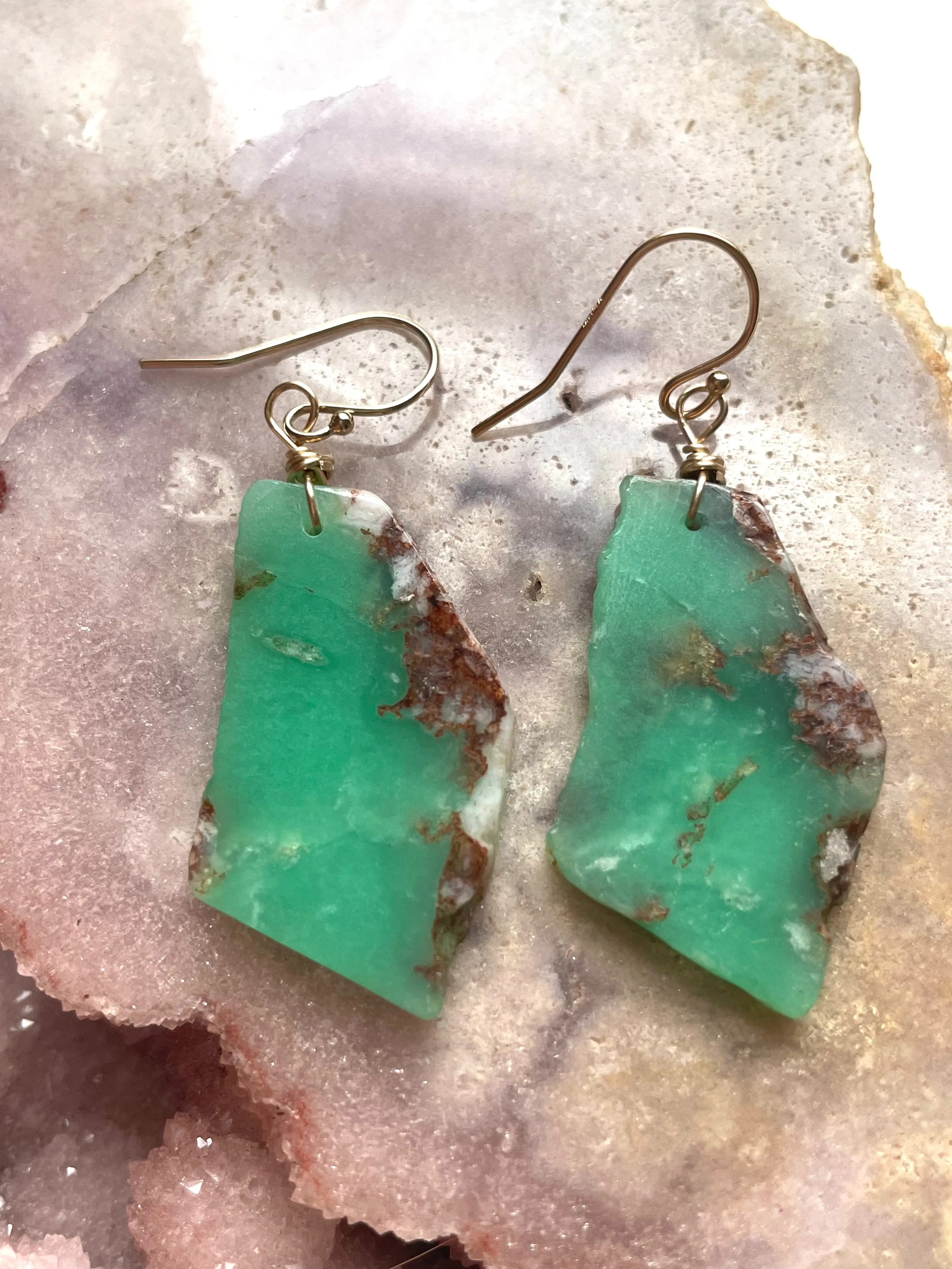 Chrysoprase Statement Earrings Gold Fill