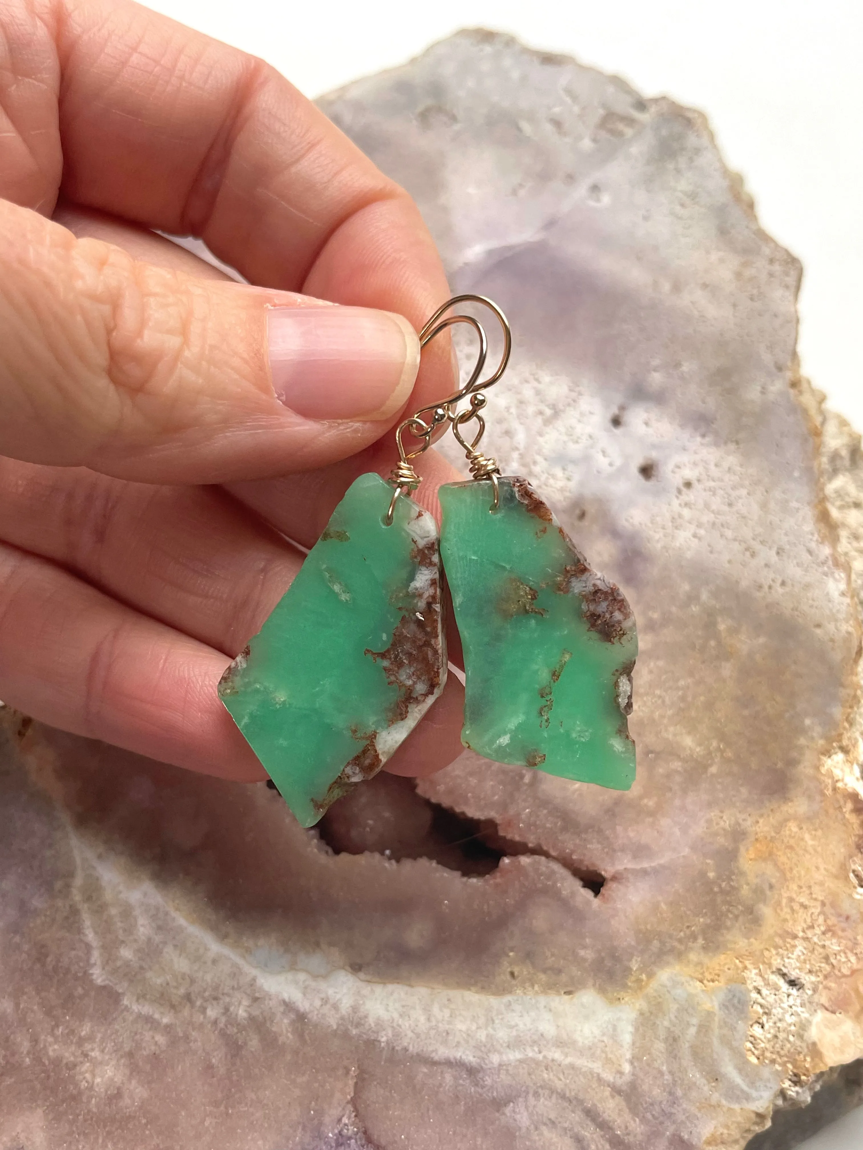 Chrysoprase Statement Earrings Gold Fill