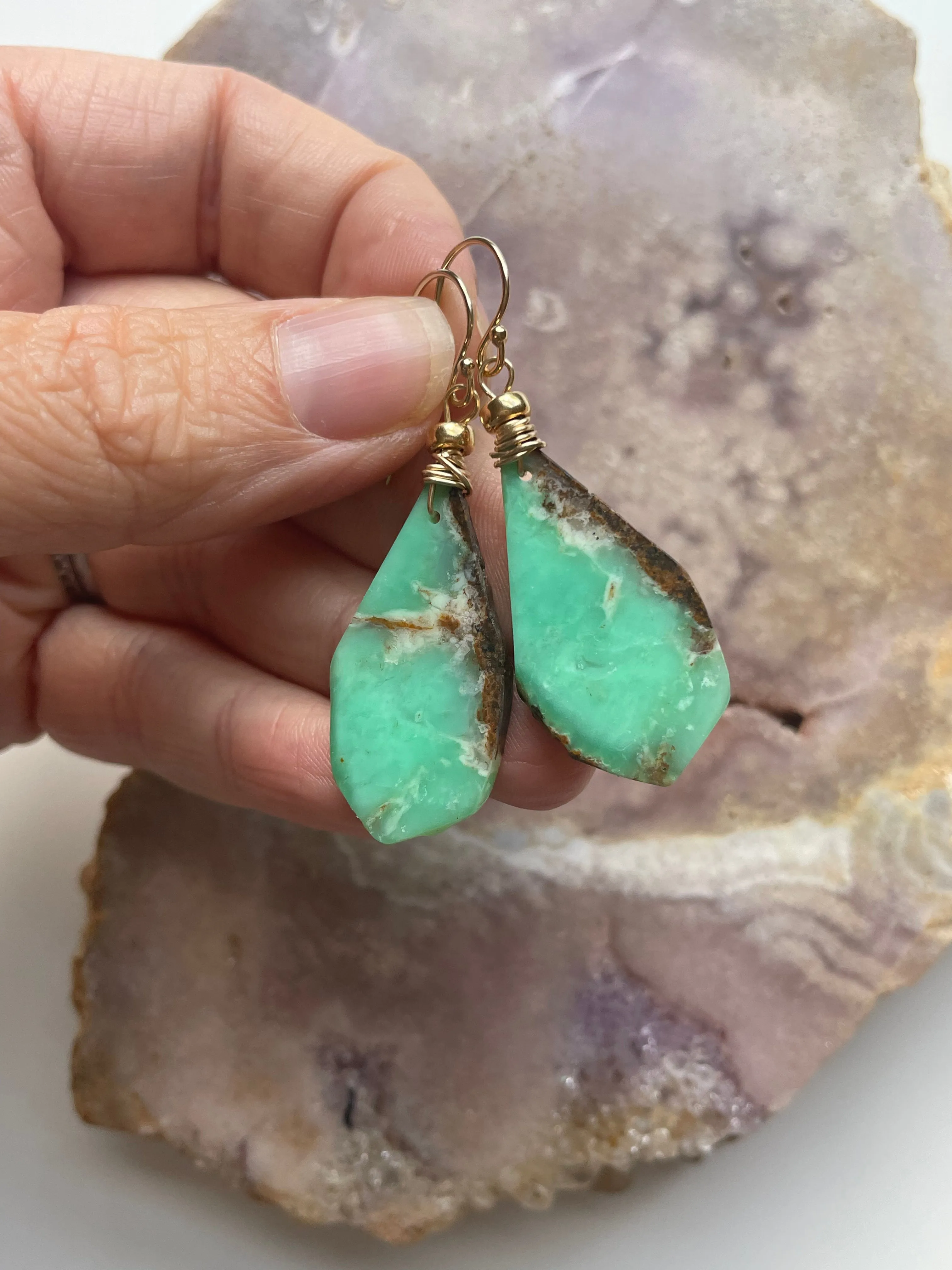 Chrysoprase Statement Earrings Gold Fill