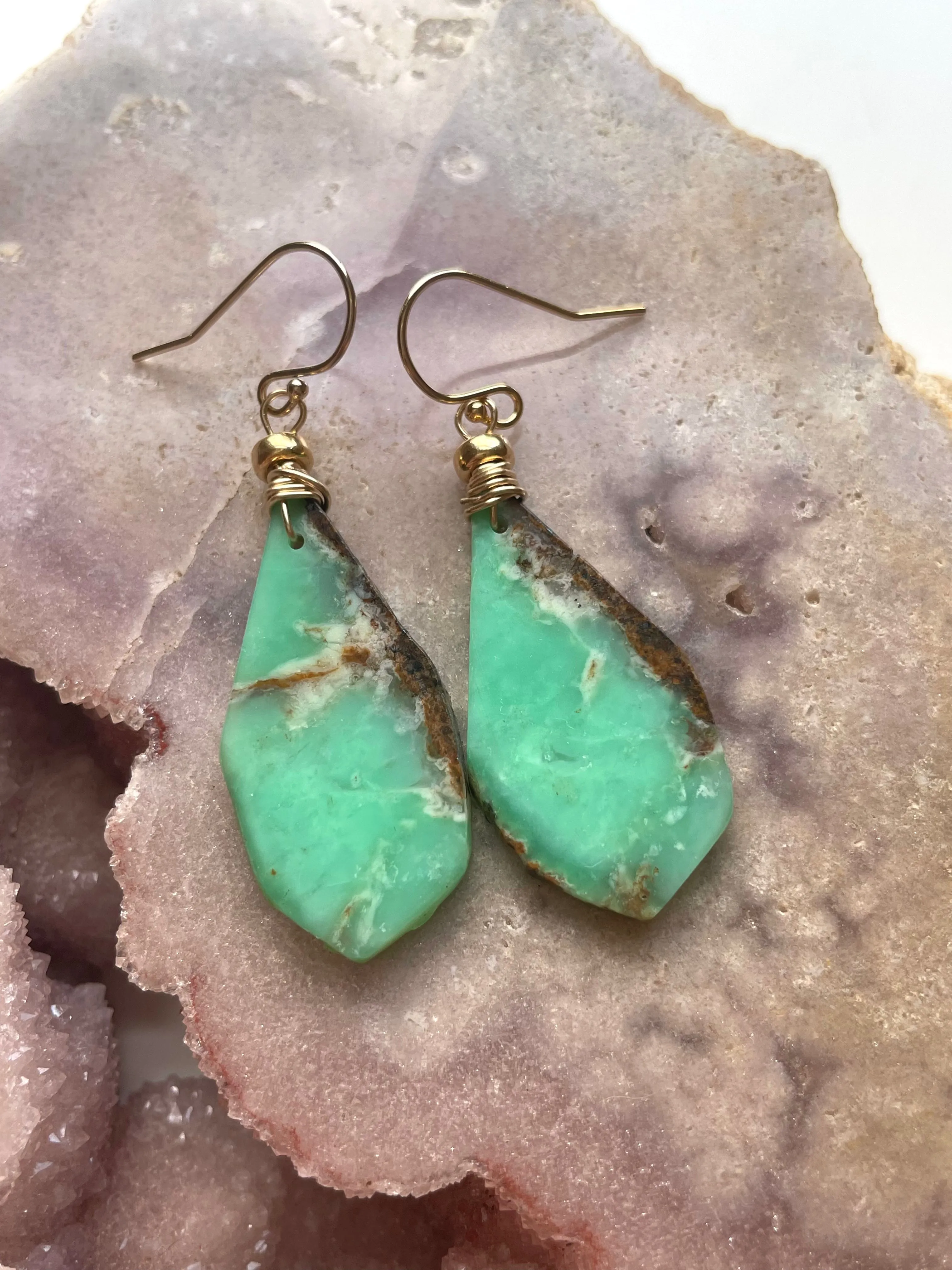 Chrysoprase Statement Earrings Gold Fill