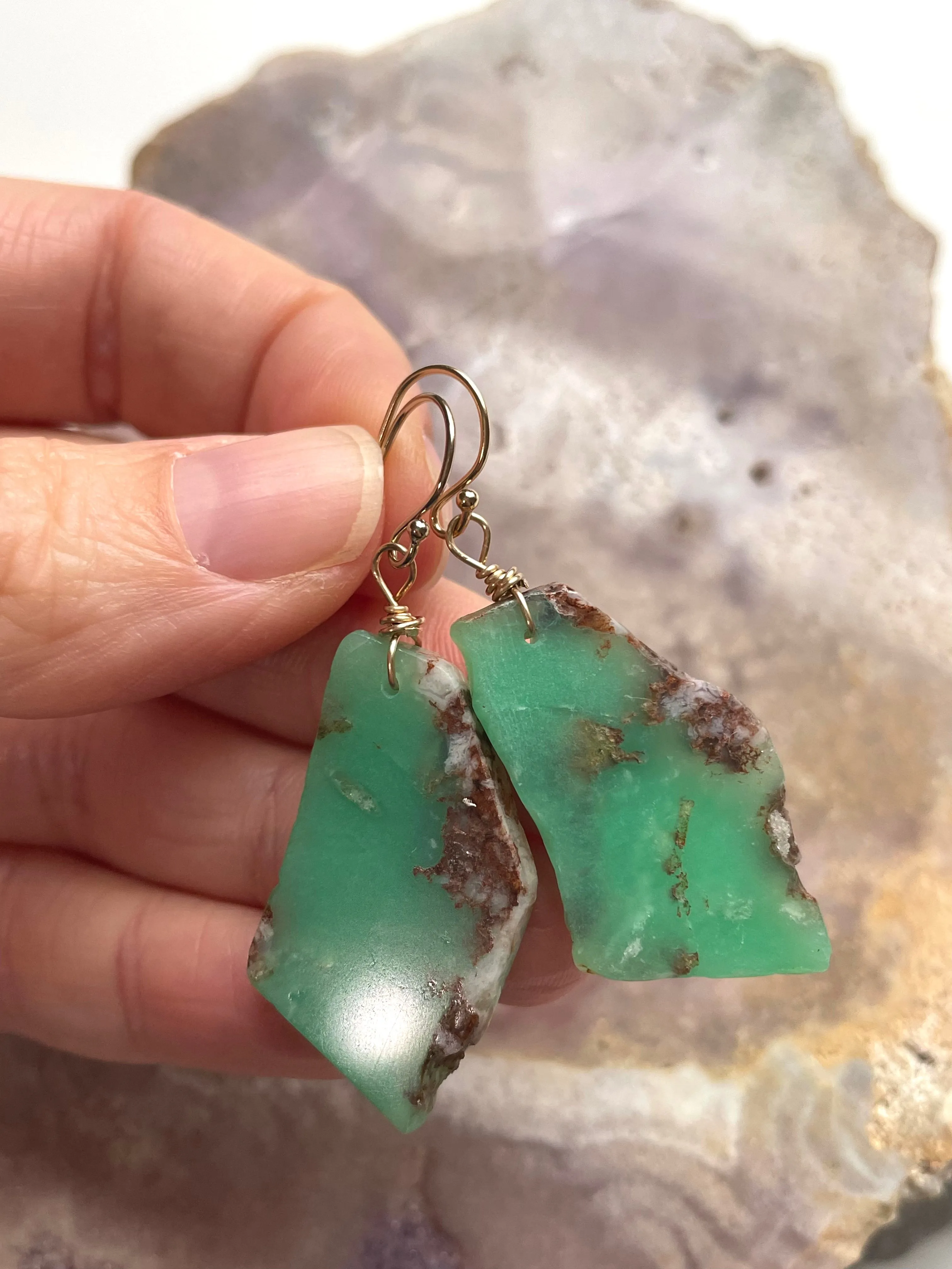Chrysoprase Statement Earrings Gold Fill