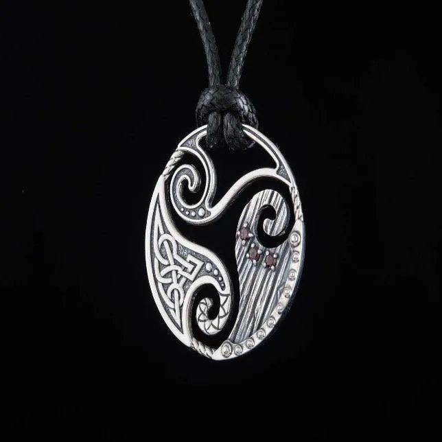 Circle Shield Pendant with Triskelion and CZ Ornament Sterling Silver Norse Necklace