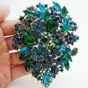 Classic Style Green Crystal Rhinestone Dual Droplets Flower Art Nouveau brooch pins Gold Tone pendants