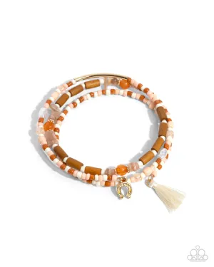 Colored Conversation - Orange - Peach, and Ivory Seed Bead with Tassel and Silver Horseshoe Paparazzi Coil Bracelet