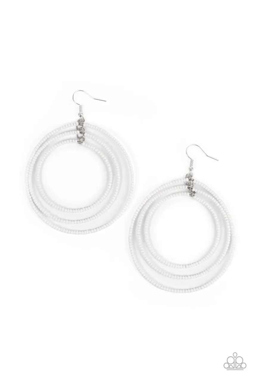 Colorfully Circulating - White - Seed Bead Hoop Layered Paparazzi Fishhook Earrings
