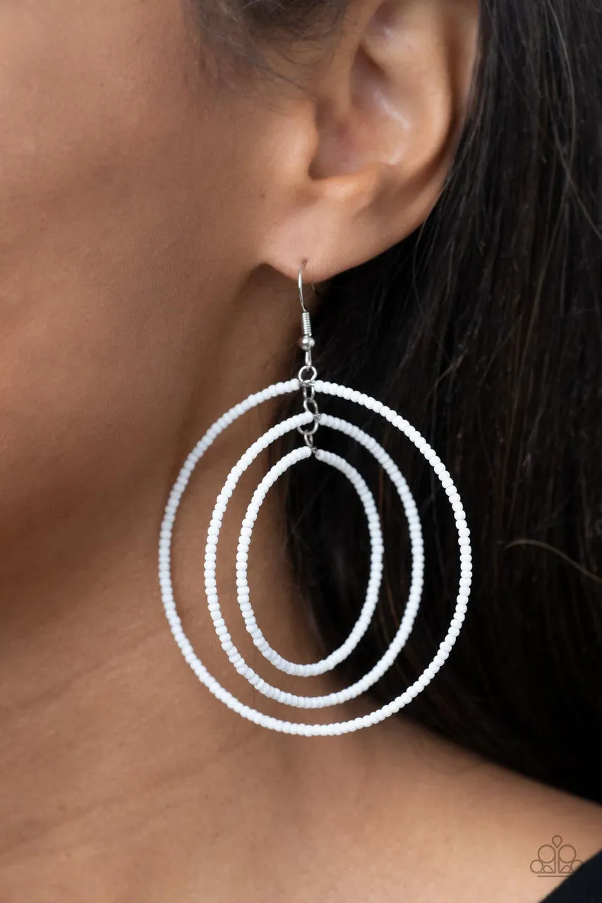 Colorfully Circulating - White - Seed Bead Hoop Layered Paparazzi Fishhook Earrings