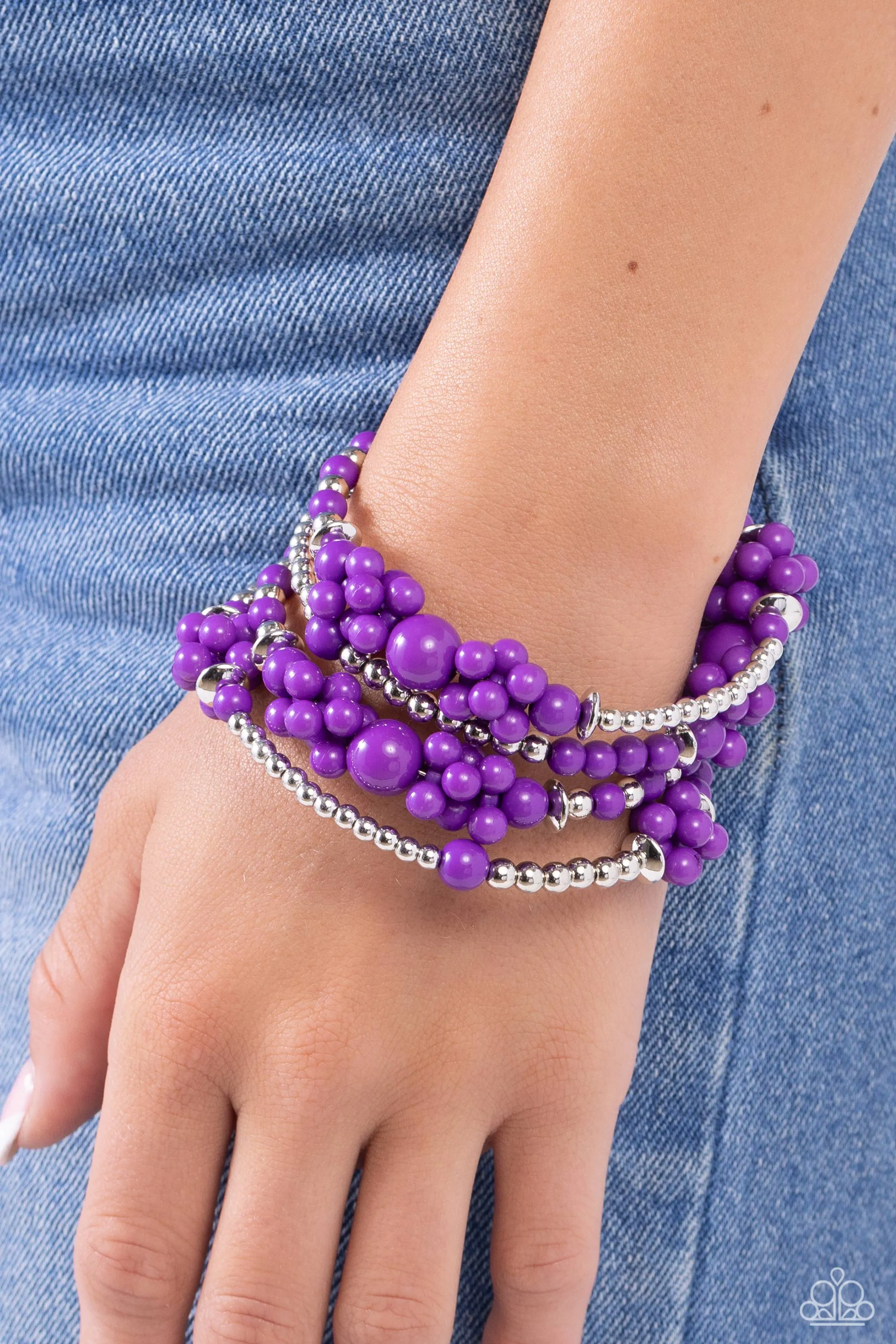 Compelling Clouds - Purple - and Silver Bead Paparazzi Coil Bracelet
