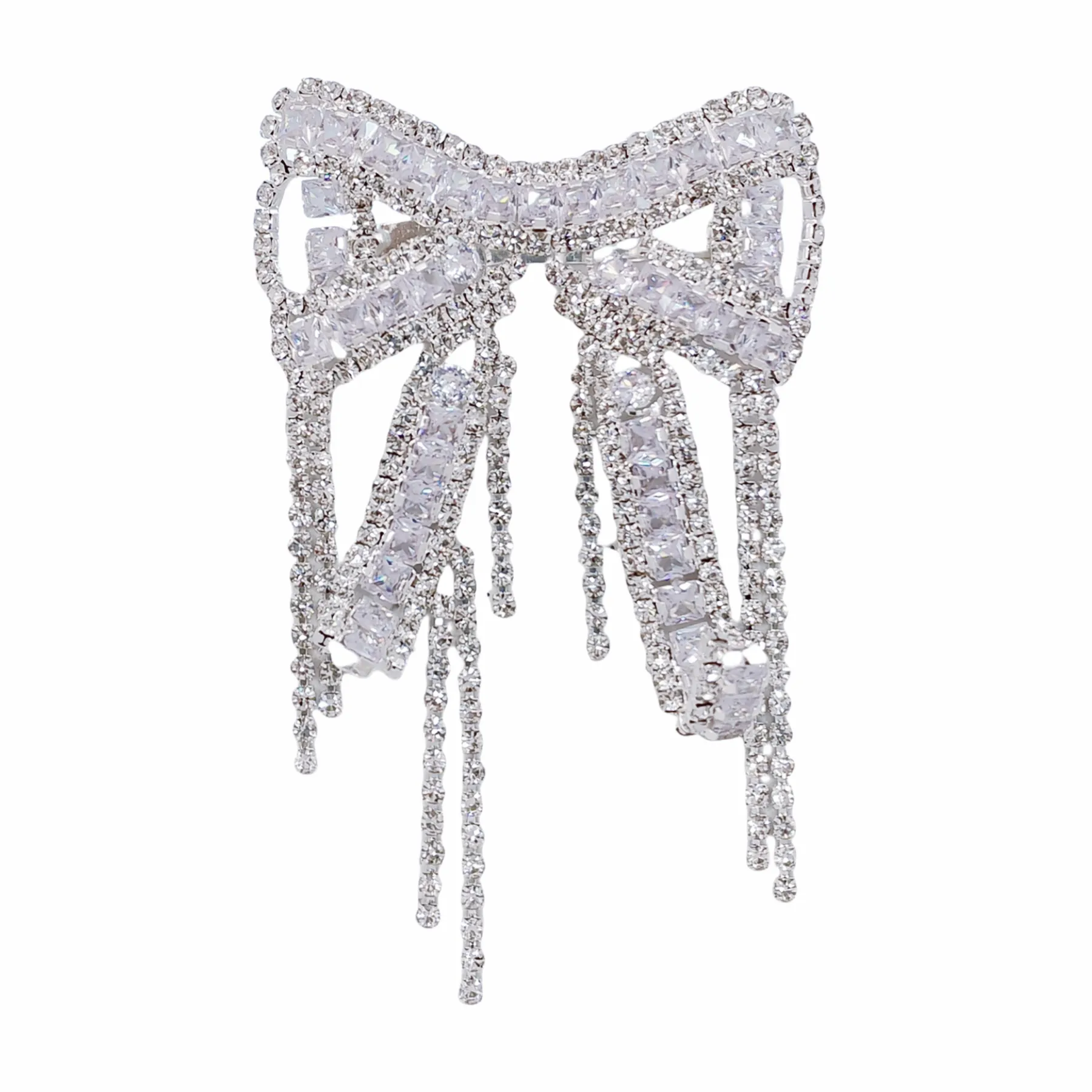 Crystal Bow Brooch Pin with Dangling Chains, Silver-Tone, CZ&Rhinestone Encrusted