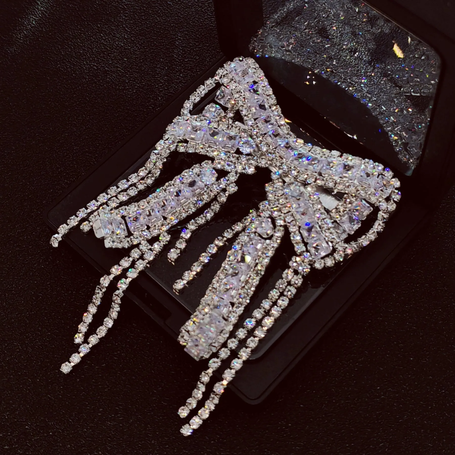 Crystal Bow Brooch Pin with Dangling Chains, Silver-Tone, CZ&Rhinestone Encrusted