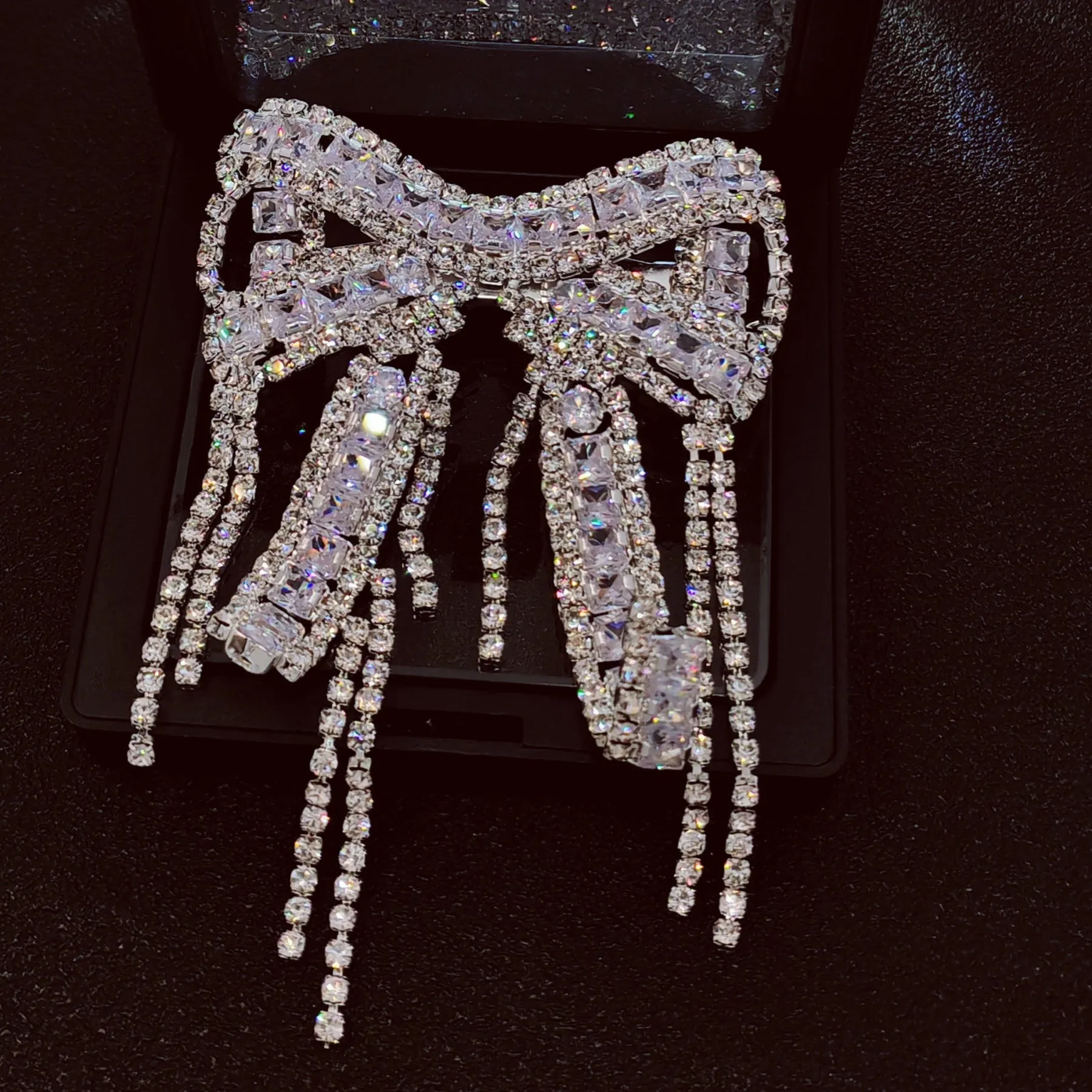 Crystal Bow Brooch Pin with Dangling Chains, Silver-Tone, CZ&Rhinestone Encrusted
