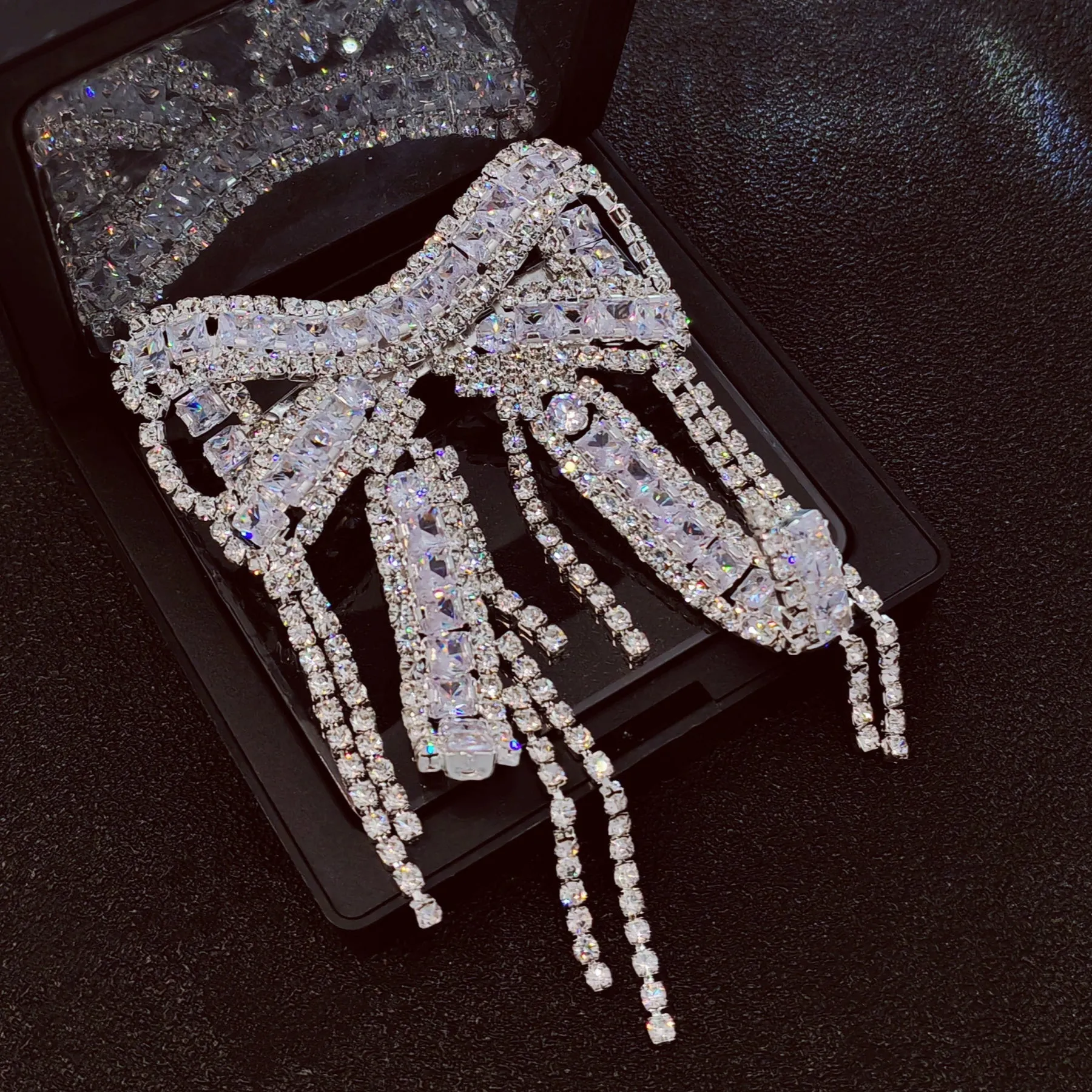 Crystal Bow Brooch Pin with Dangling Chains, Silver-Tone, CZ&Rhinestone Encrusted