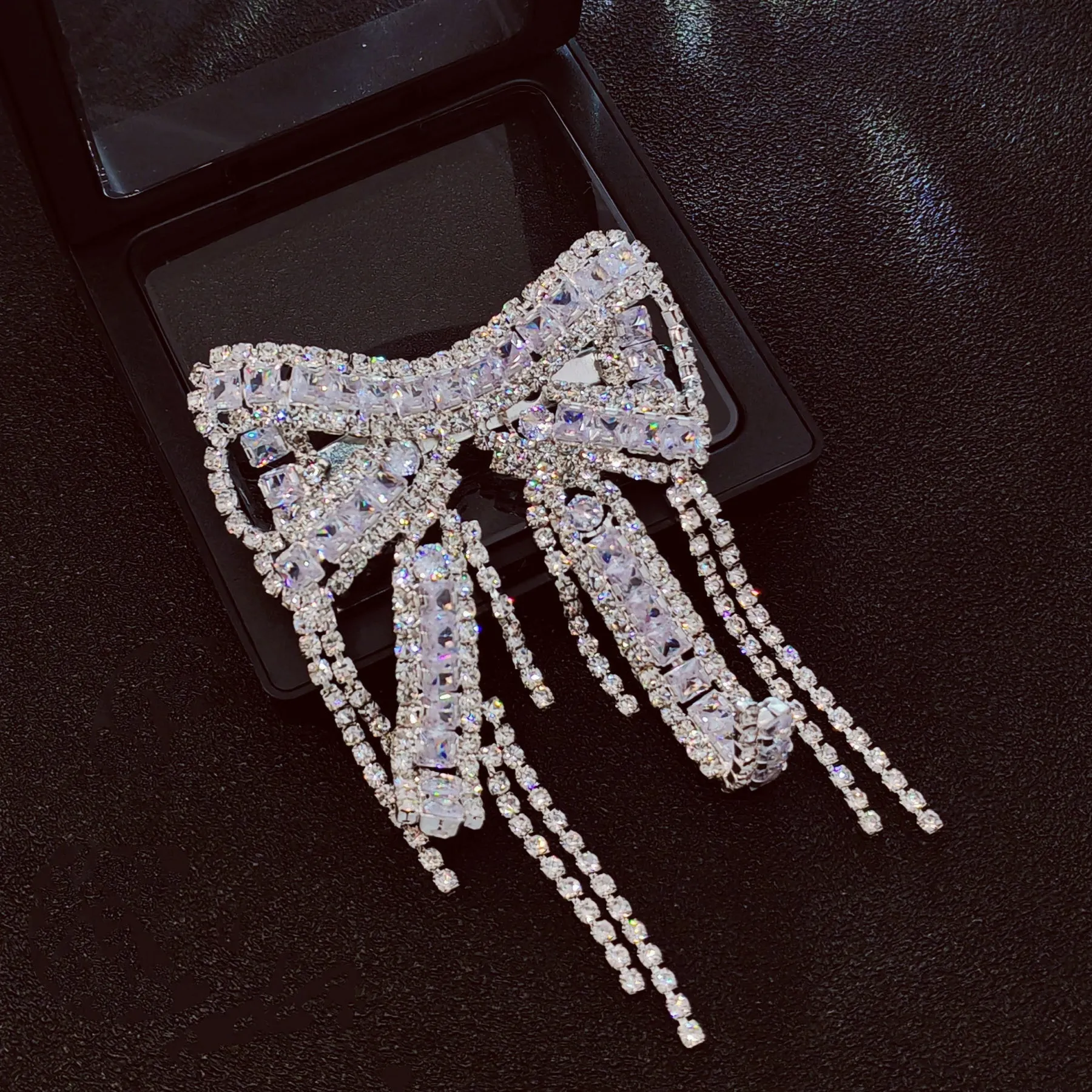 Crystal Bow Brooch Pin with Dangling Chains, Silver-Tone, CZ&Rhinestone Encrusted