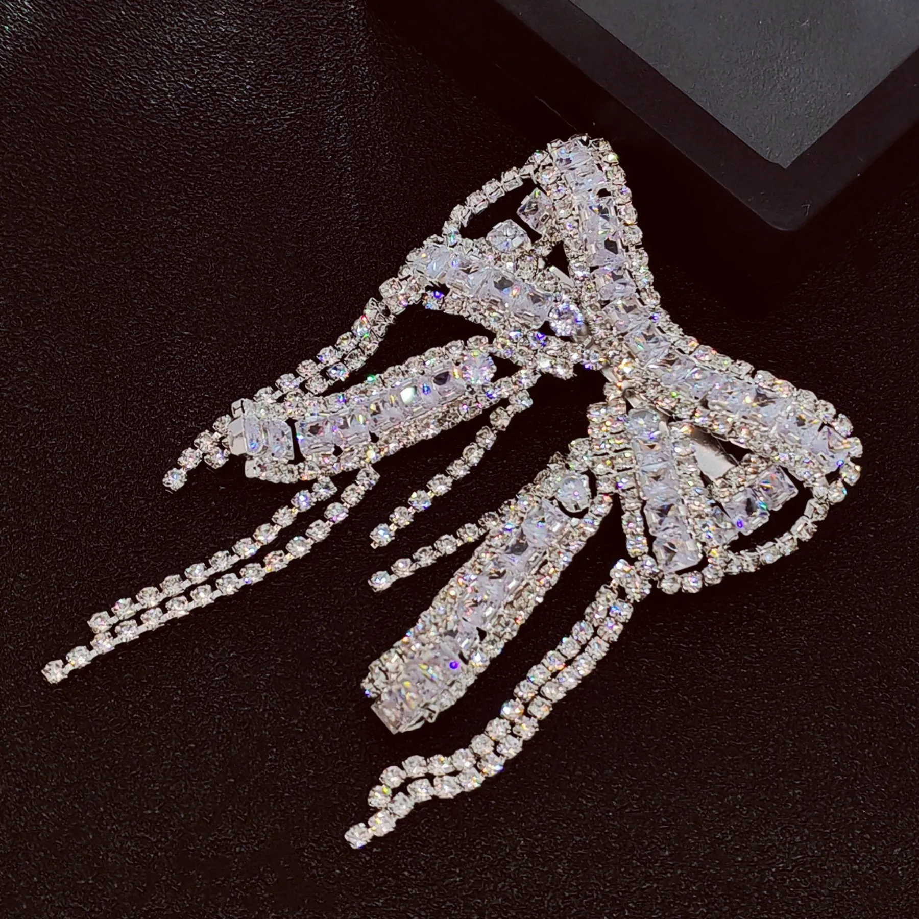 Crystal Bow Brooch Pin with Dangling Chains, Silver-Tone, CZ&Rhinestone Encrusted