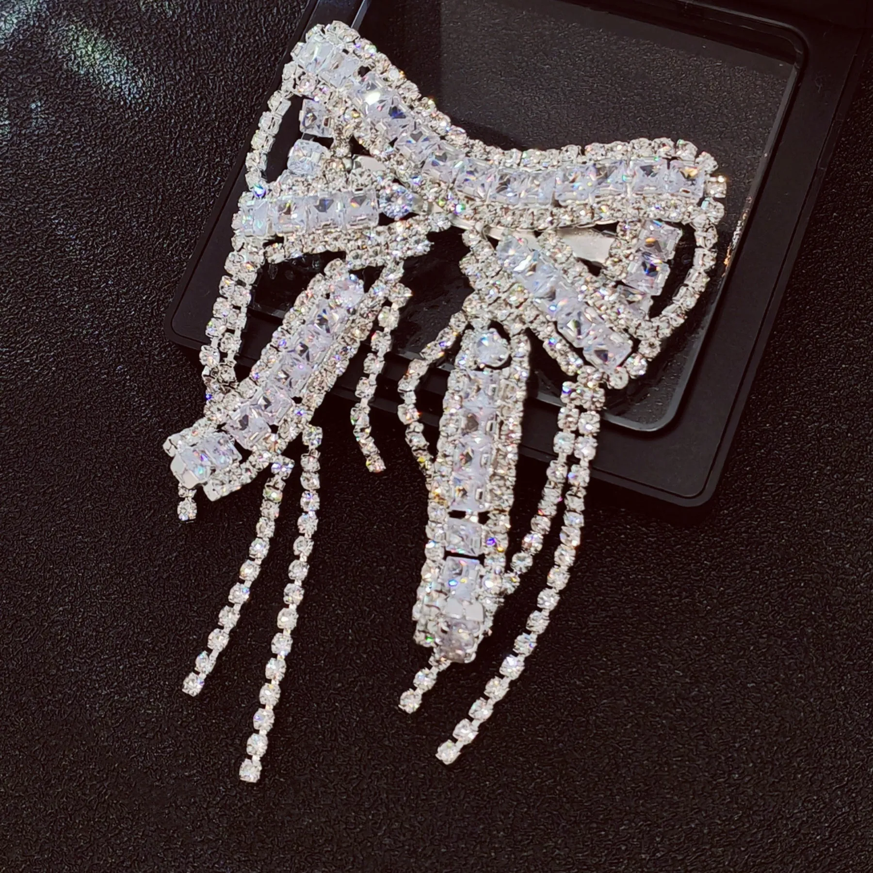 Crystal Bow Brooch Pin with Dangling Chains, Silver-Tone, CZ&Rhinestone Encrusted